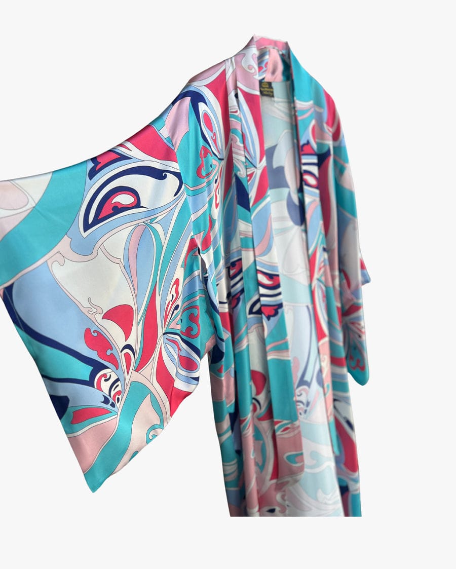 Gaia Moncada Turquoise Pink Abstract Long Silk Kimono Coverup