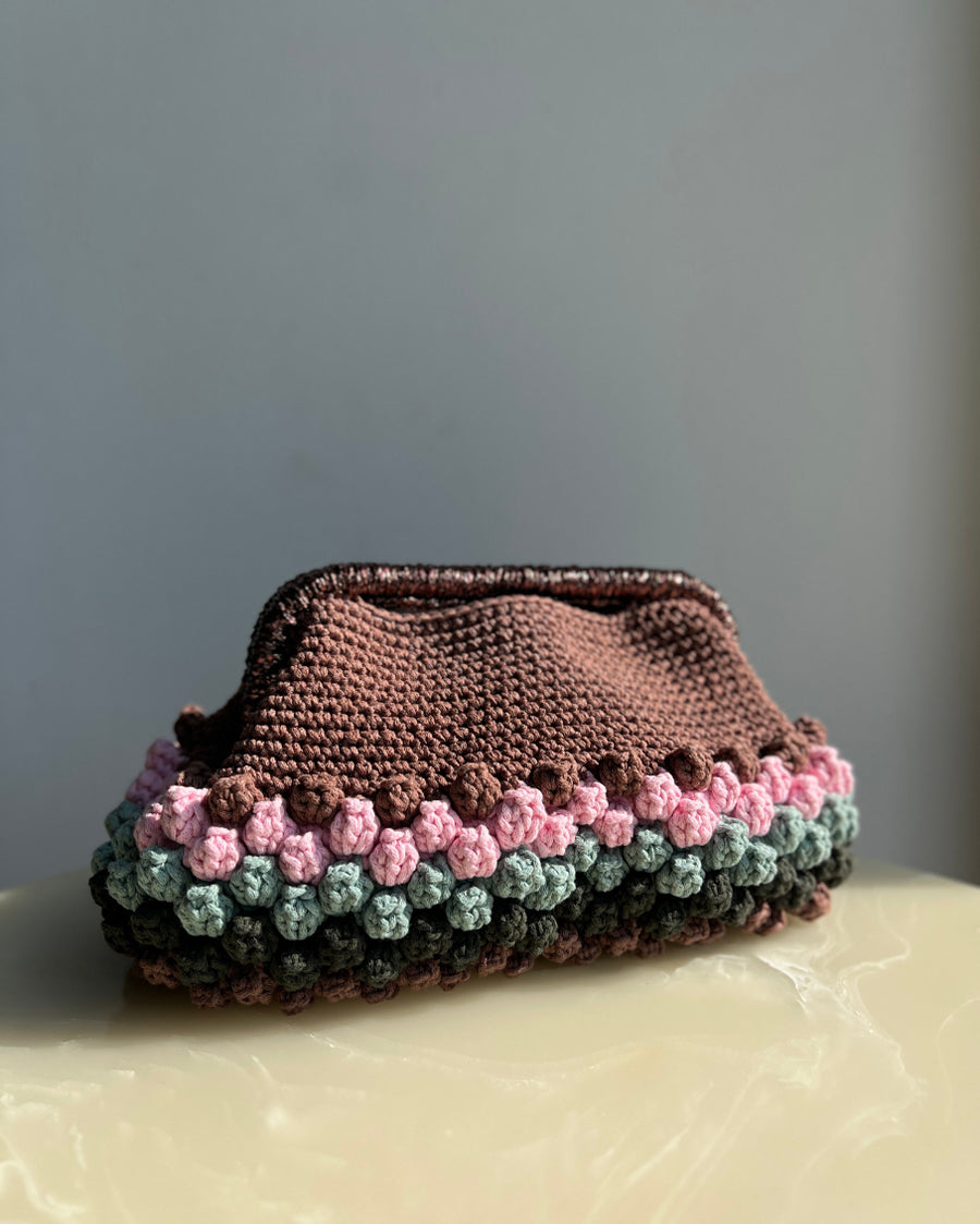 GetOverIt Hand-Crocheted Woven Metallic Popcorn Clutch Bag in Brown Pink Green