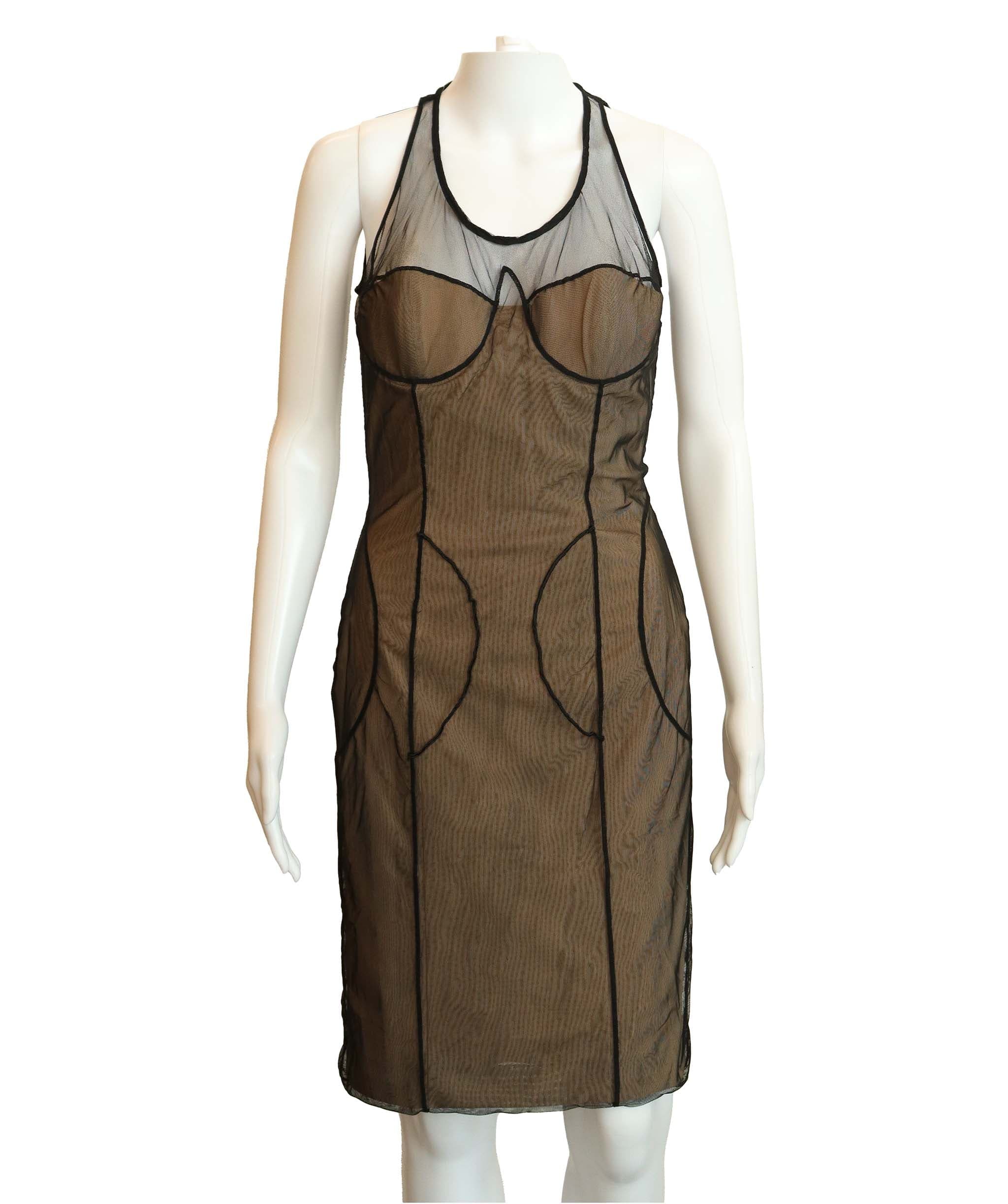 Gucci 2001 documented gucci by tom ford black and nude mesh dress AGC2913