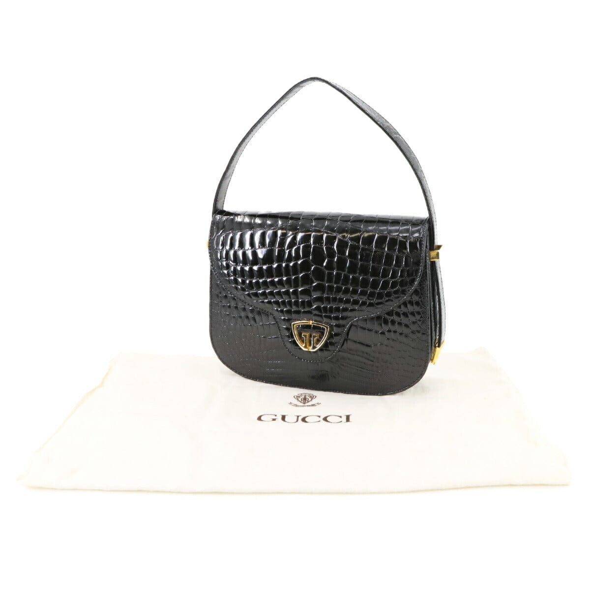 GUCCI GUCCI Crocodile Handbag in Black with Gold and Silver Hardware. Vintage Handbag, Gucci 90290903