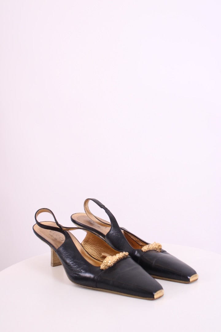 Gucci Gucci Dragon Accent Slingback Heels Black/ Gold 40.5