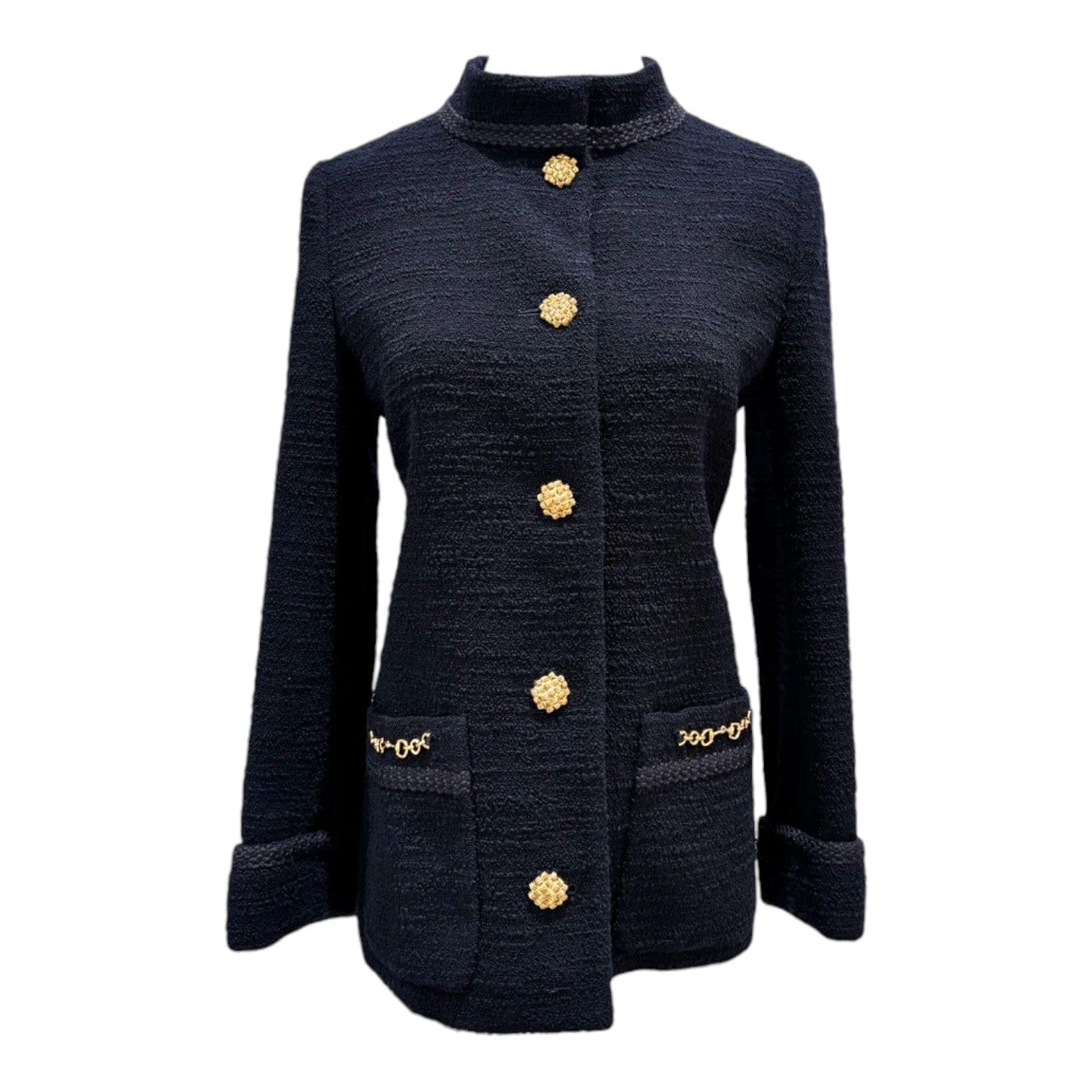 Gucci Gucci Navy Blue Tweed Jacket with Gold Hardware - Size 36