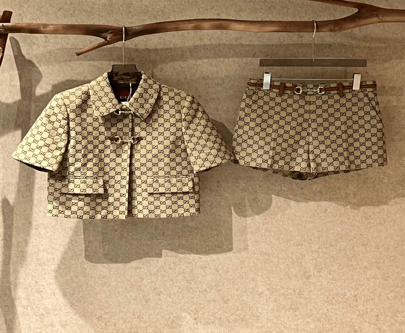 Gucci Gucci New Khaki Monogram All-Print Leather Horsebit Jacket and Shorts Set / Size 42 / Brand New with Tags / 42078 SGC42078