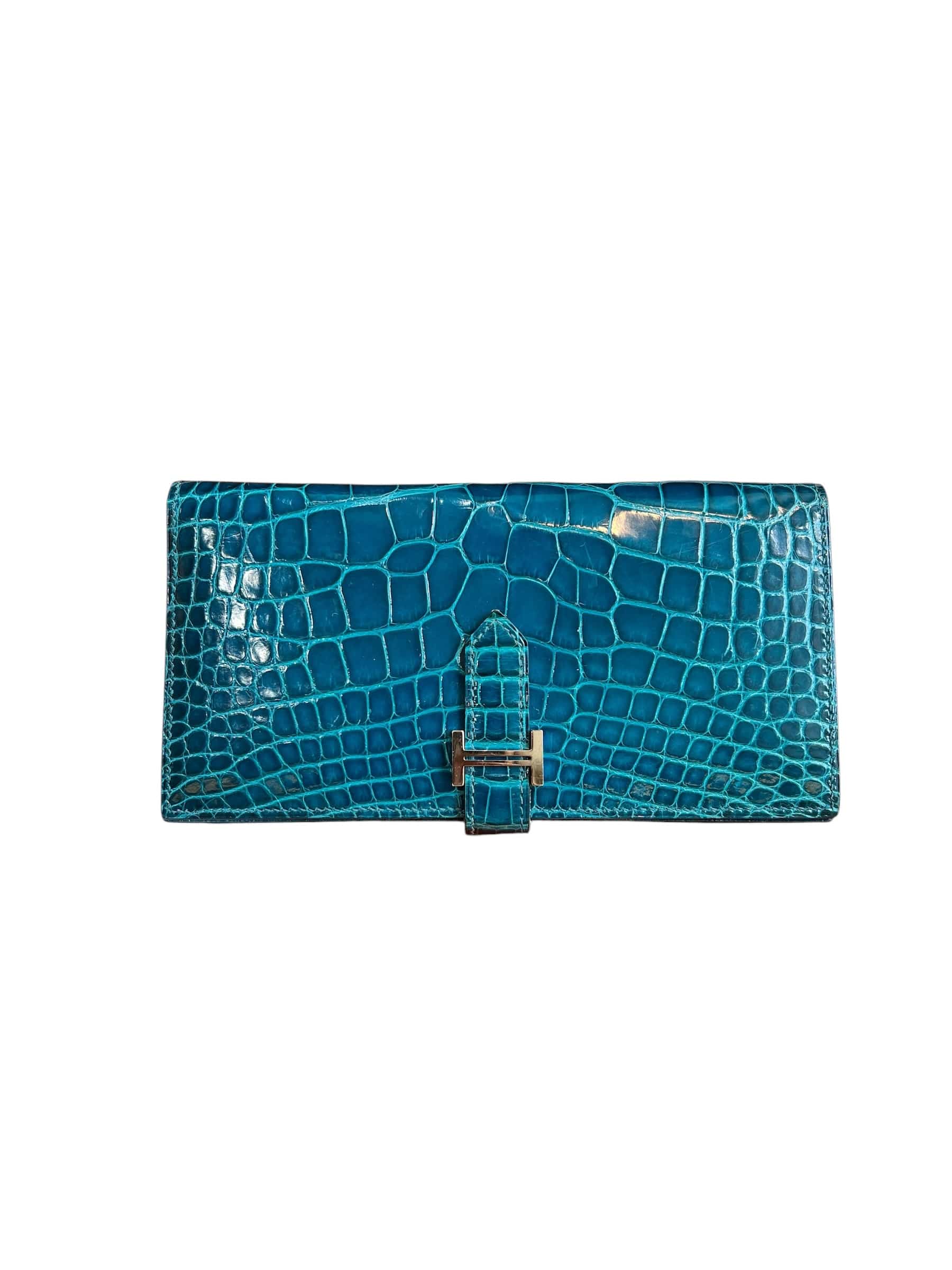 Hermes Hermes Bearn Wallet Blue Izmir Shiny Alligator PHW #A SSLG1013