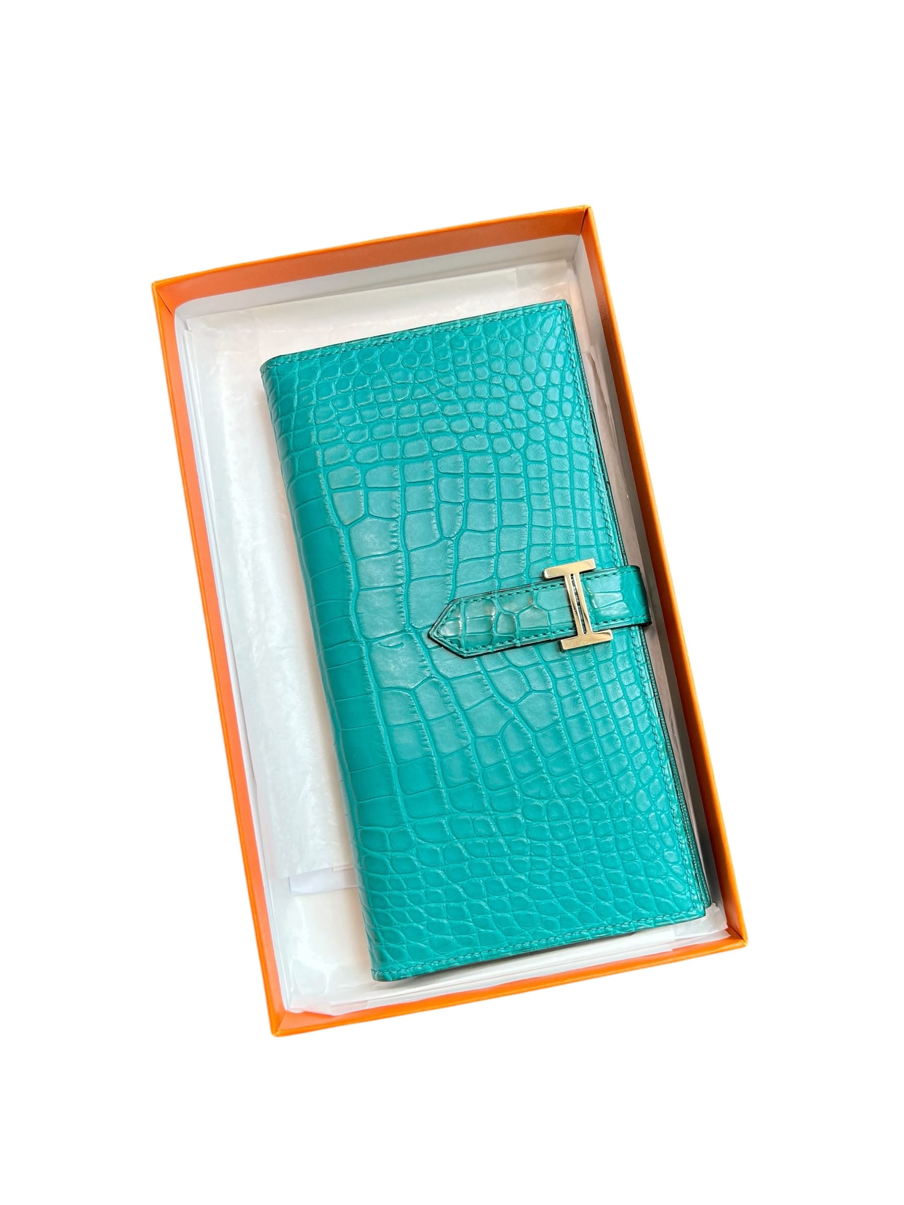 Hermes Hermes Bearn Wallet Blue Paon Matte Alligator PHW #A SSLG1037