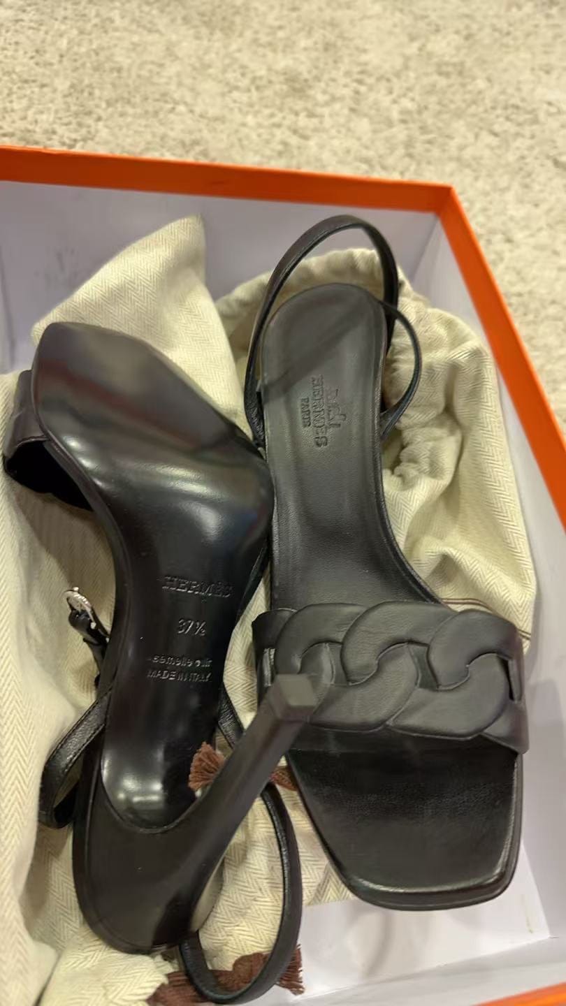 Hermes Hermes Black Leather Feliz Sandal Saudi Arabia high Heels 37.5 ALC3792