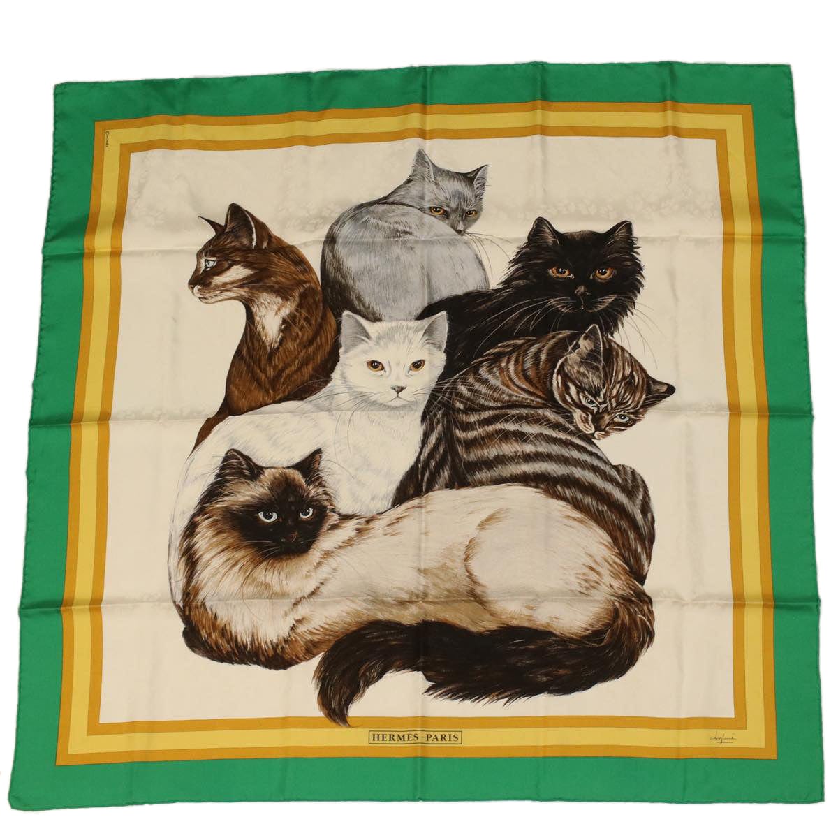 Hermès HERMES Carre 90 Les Chats Scarf Green White yellow Auth am3480