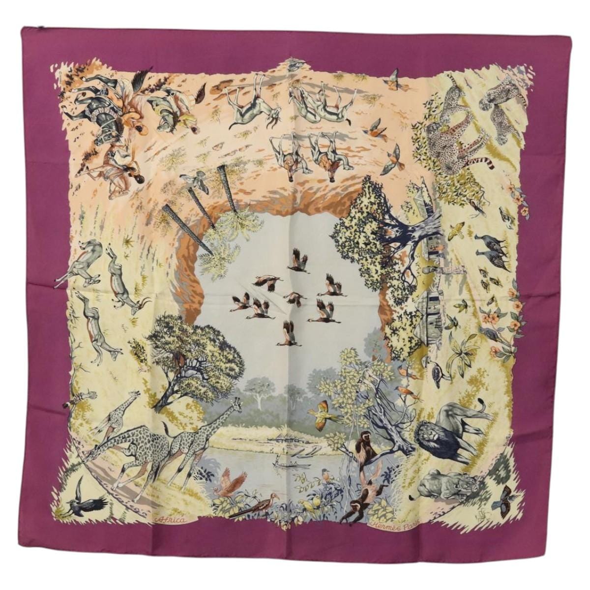 Hermès HERMES Carre 90 Scarf ""Africa"" Silk Purple Auth KD221