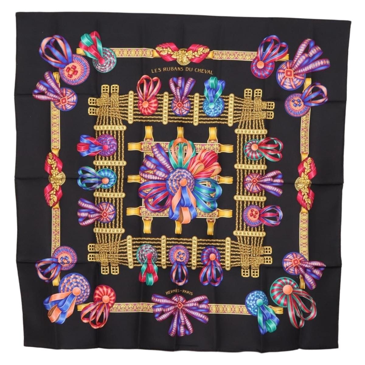 Hermès HERMES Carre 90 Scarf ""LES RUBANS DU CHEVAL "" Silk Black Auth 148964 148964
