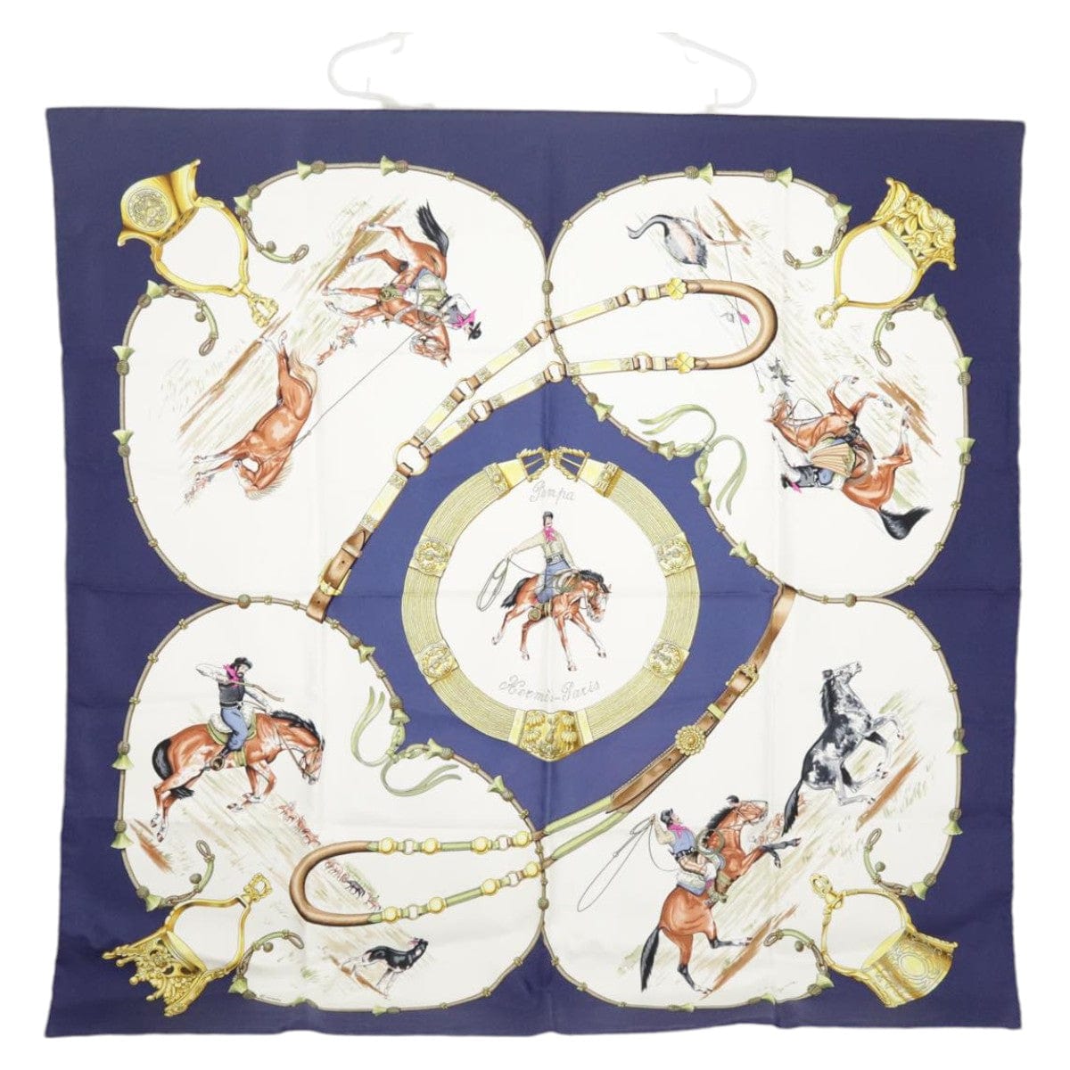 Hermès HERMES Carre 90 Scarf ""Pampa"" Silk Blue White Auth ac3351