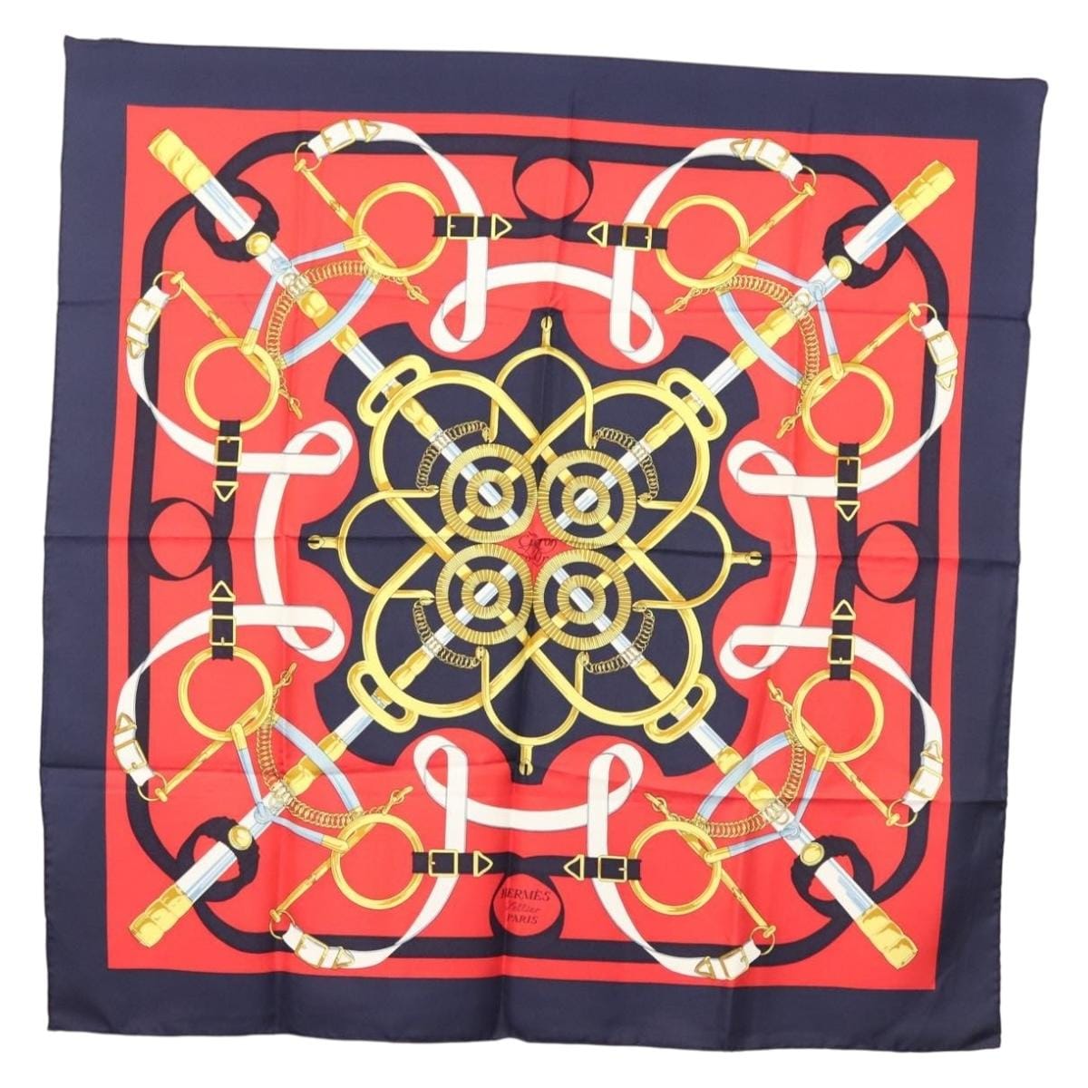 HERMES HERMES Carre 90 Scarf ""Sellier Eperon d’or"" Silk Red Navy Auth 138496