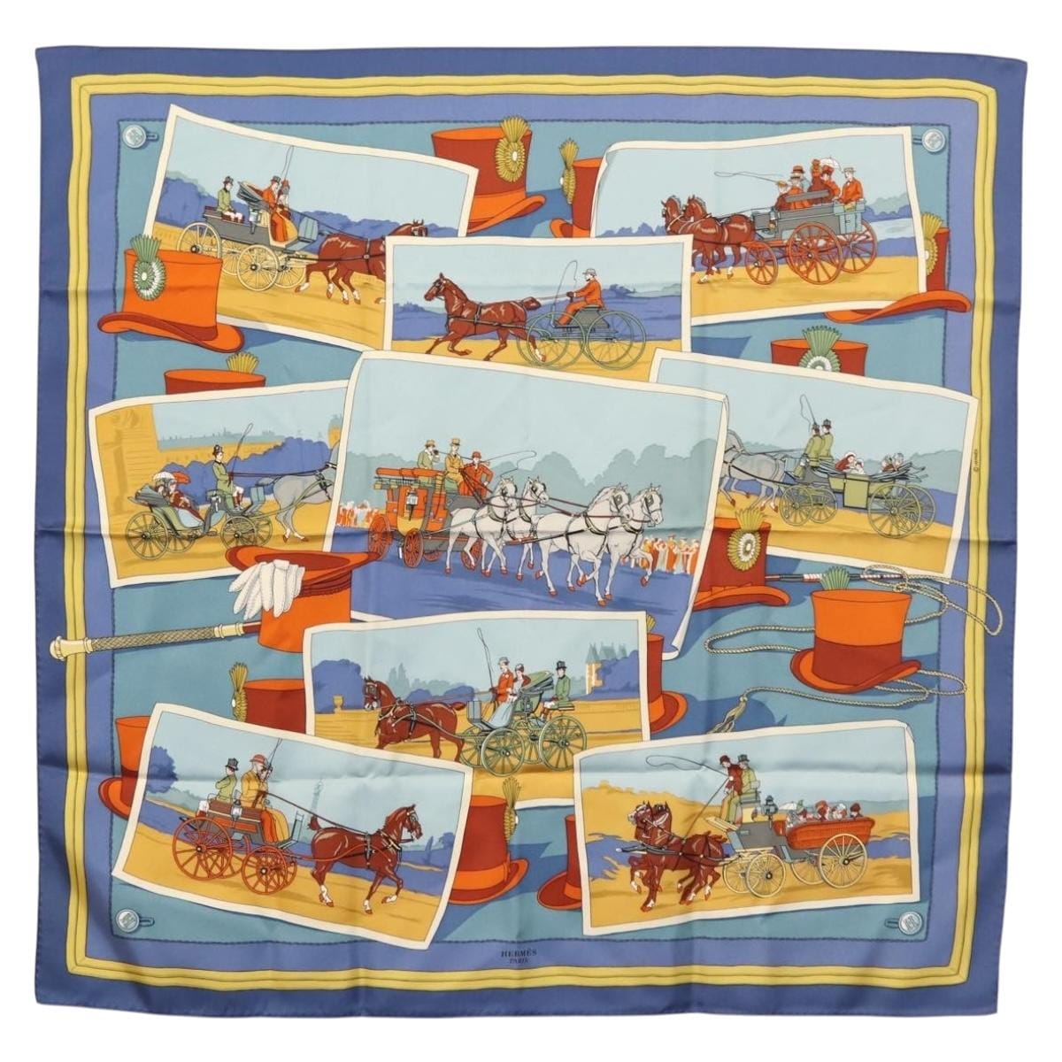 Hermès HERMES Carre 90 Scarf Silk ""Mail Coach"" Blue Auth bs30298 bs30298