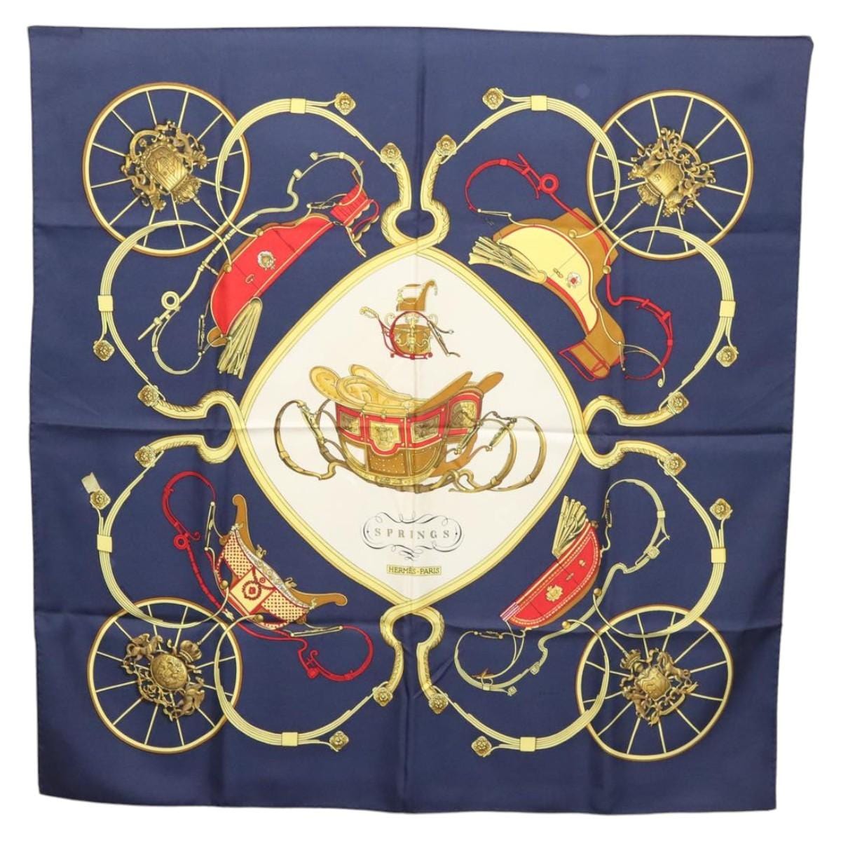 HERMES HERMES Carre 90 Scarf ""SPRINGS"" Silk Navy White Auth 117294