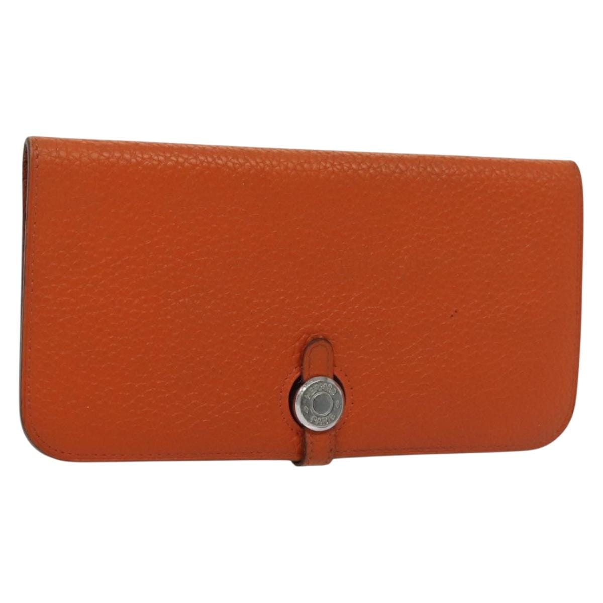 Hermès HERMES Dogon Long Wallet Leather Orange Silver Auth 140000 140000