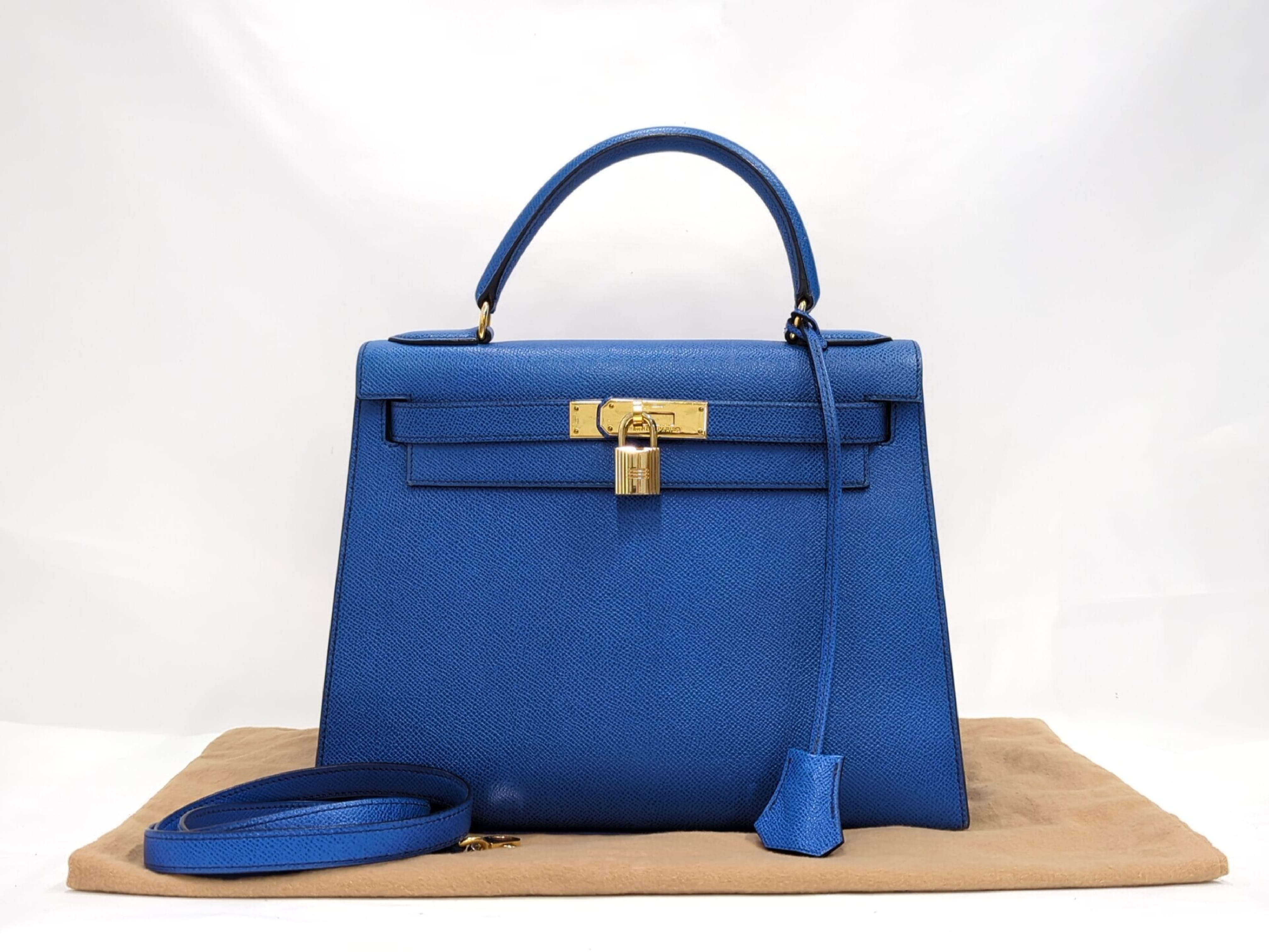 HERMES HERMES Kelly 28 Courchevel Bleu France 〇W Stamp Handbag (1993) ee5be2nrso AKC0857