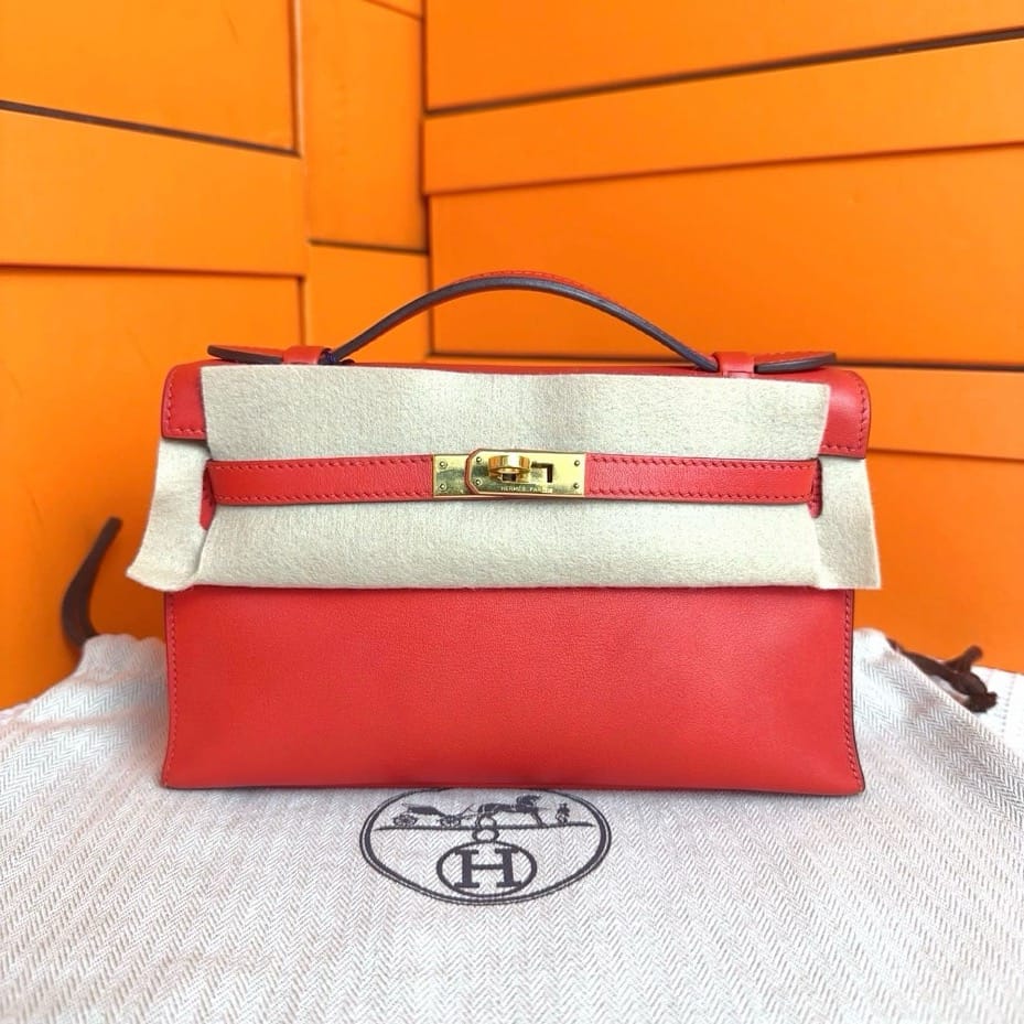 HERMES *Hermes Kelly Pochette Rouge Tomate Swift GHW #X SYC2175