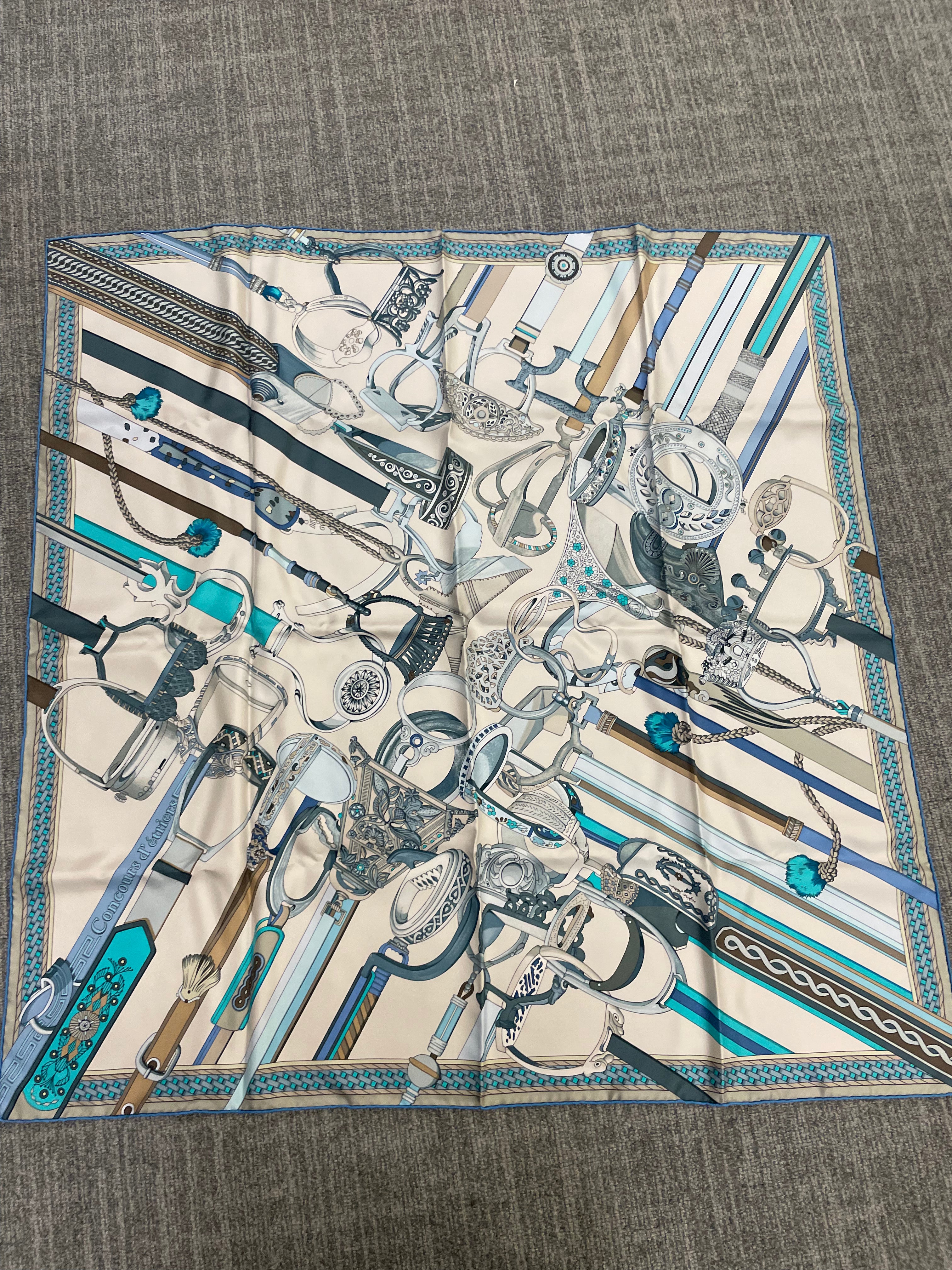 Hermès Hermès Silk 90-21 – Refined Bridles and Bits in Navy, Silver, and Sandstone ALC3502