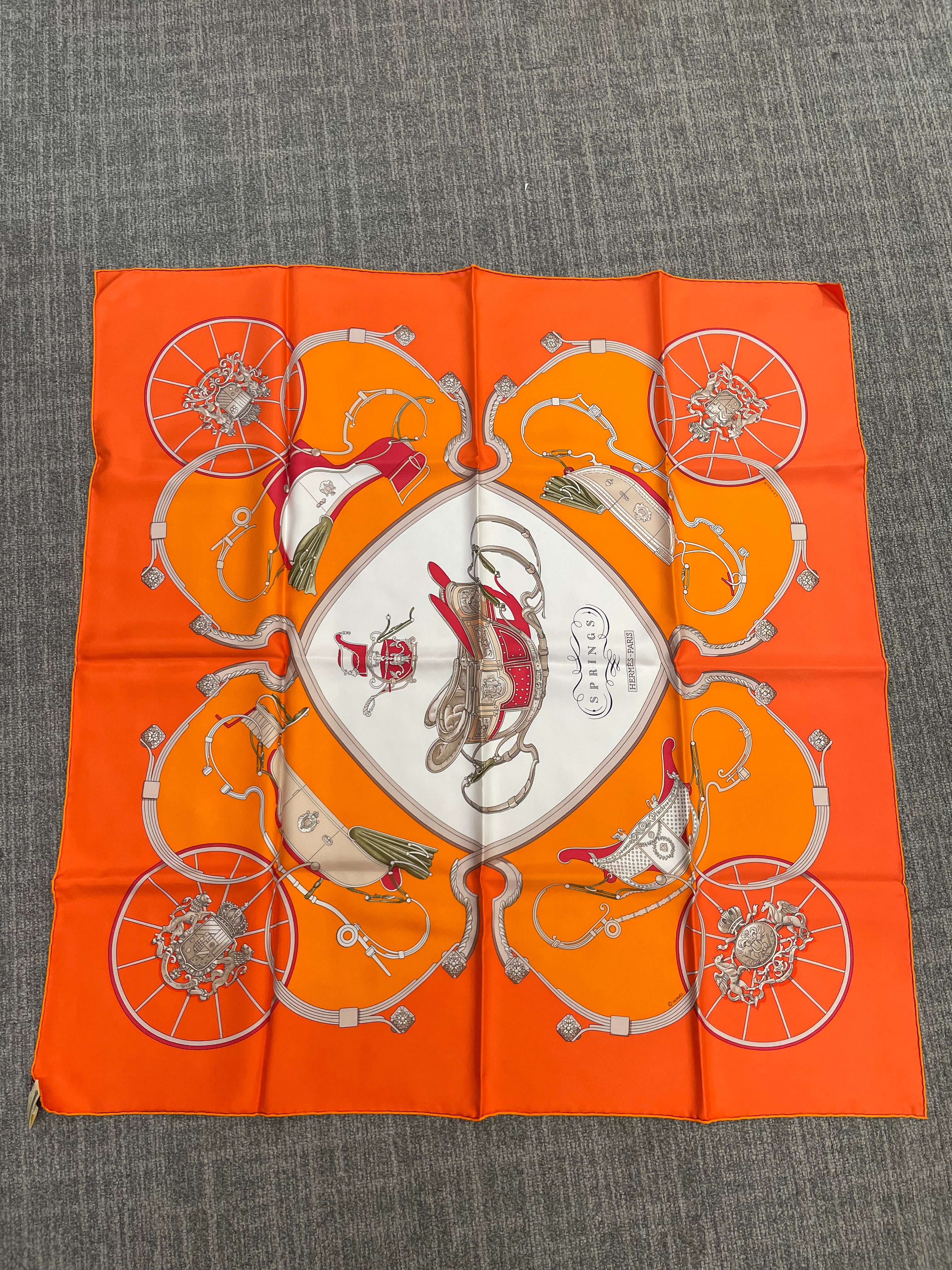 Hermès Hermès Silk 90-25 – Classic Equestrian Carousel in Tangerine and White ALC3506