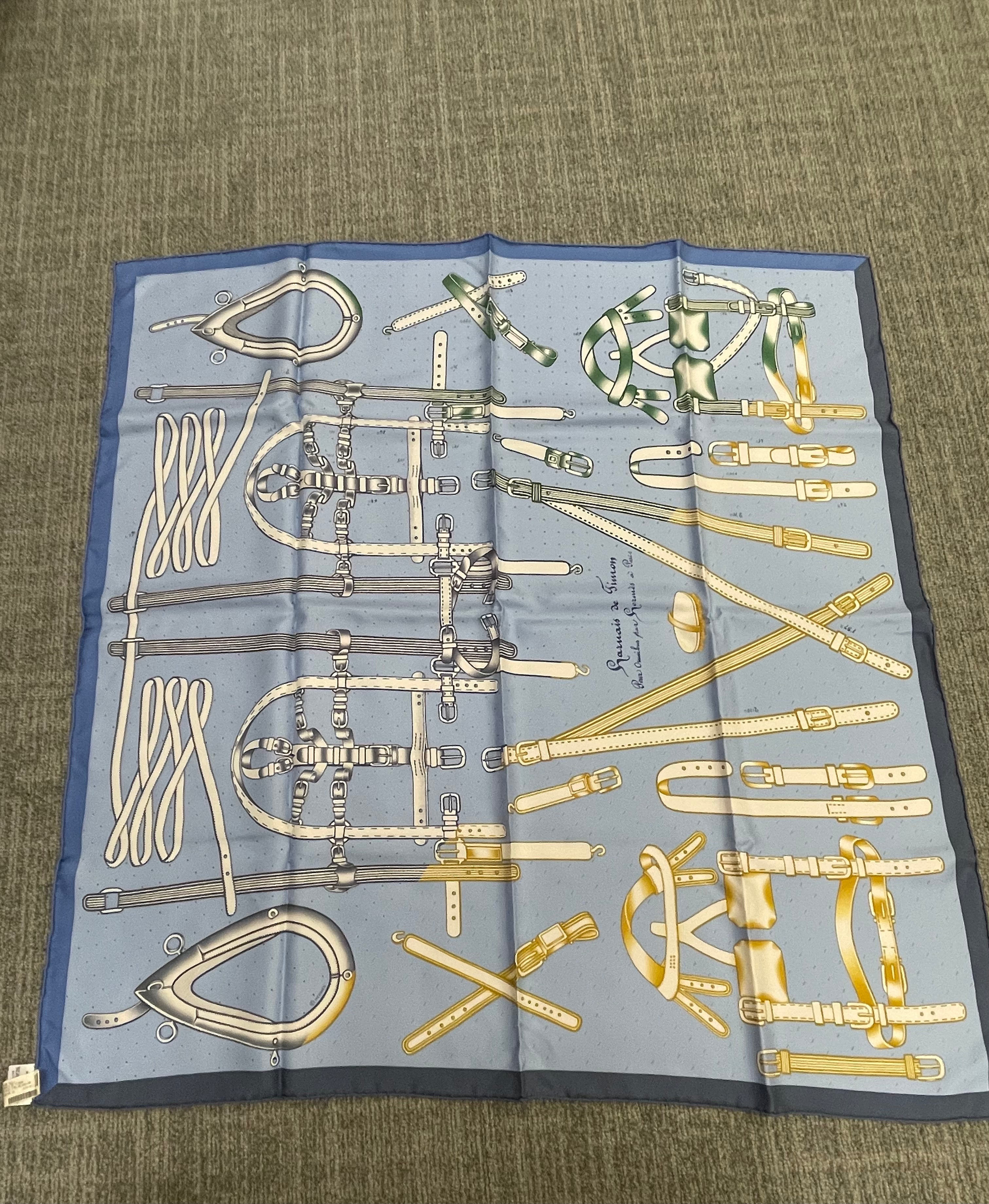 Hermès Hermès Silk 90-46 – Equestrian Tack Arrangement in Powder Blue and Cream ALC3527