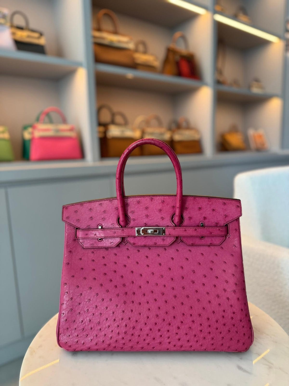 Hermès Birkin 35 Rose Tyrien Ostrich with Palladium Hardware AGC3192