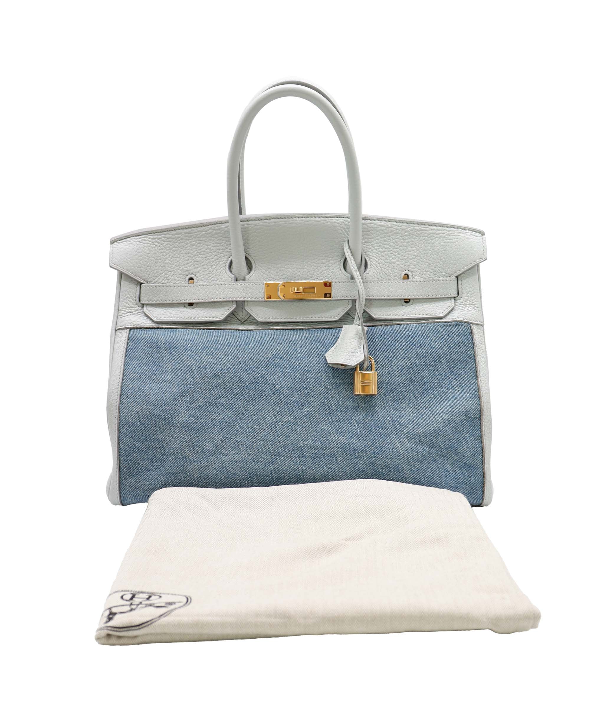 Hermès Hermes Birkin 35 Gris Pale TC x Denim GHW Stamp Square F DXBS5026