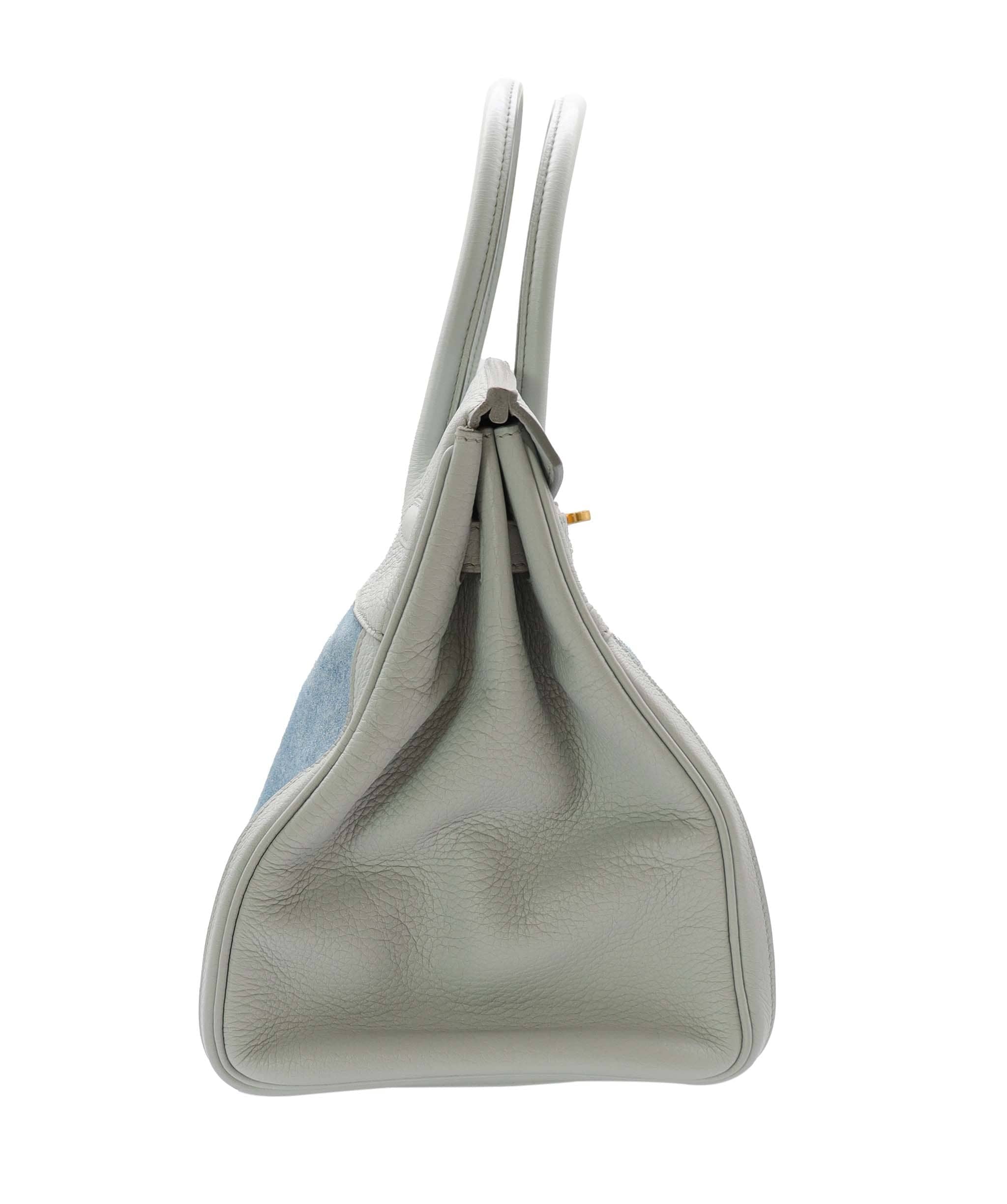 Hermès Hermes Birkin 35 Gris Pale TC x Denim GHW Stamp Square F DXBS5026