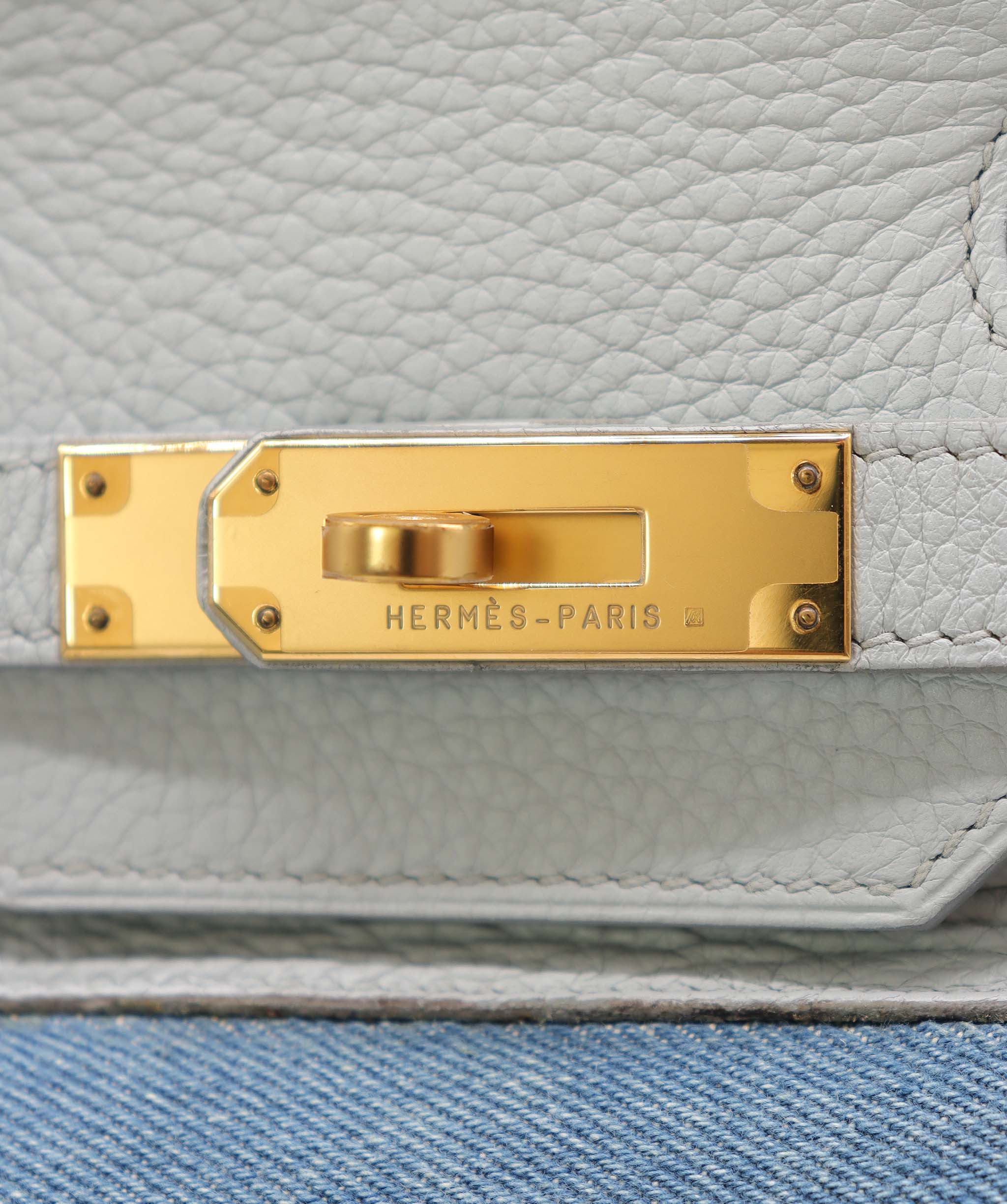 Hermès Hermes Birkin 35 Gris Pale TC x Denim GHW Stamp Square F DXBS5026