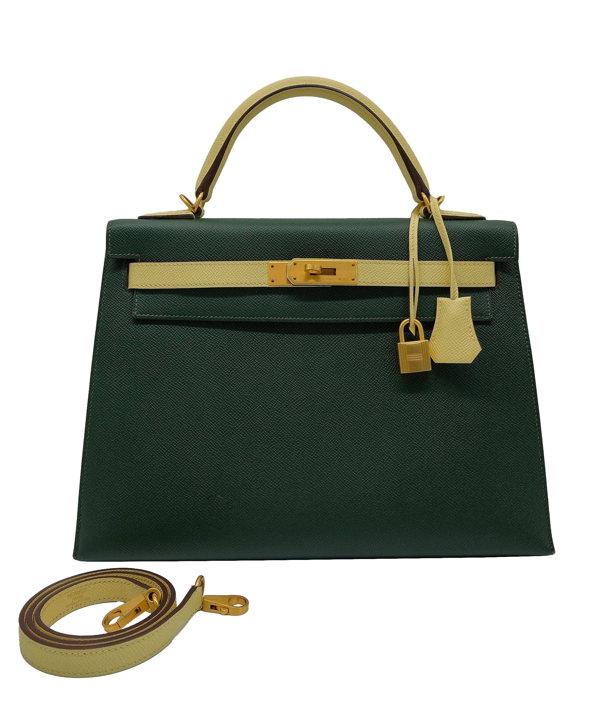 Hermes Kelly 32 Sellier HSS Vert Anglais / Jaune Poussin Epsom Brushed GHW #T SKC8052H
