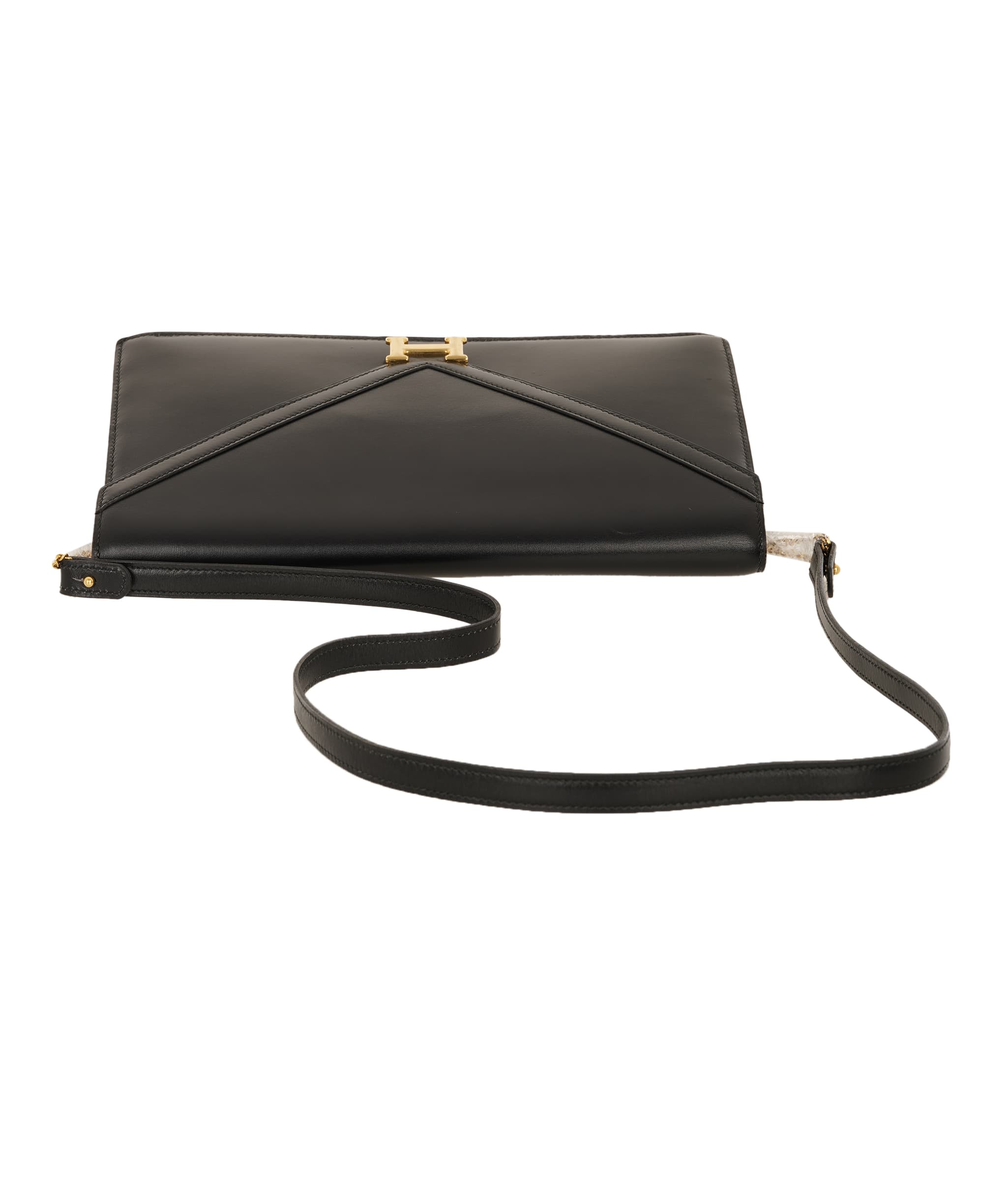 Hermès HERMES LYDIE BLACK BOXCALF CLUTCH SHOULDER BAG 1985 CIRCLE O GOLD HARDWARE ALC4159