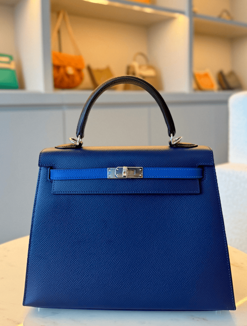 Hermès Kelly 25 Blue Sapphire, Blue De France, Black AGC3544