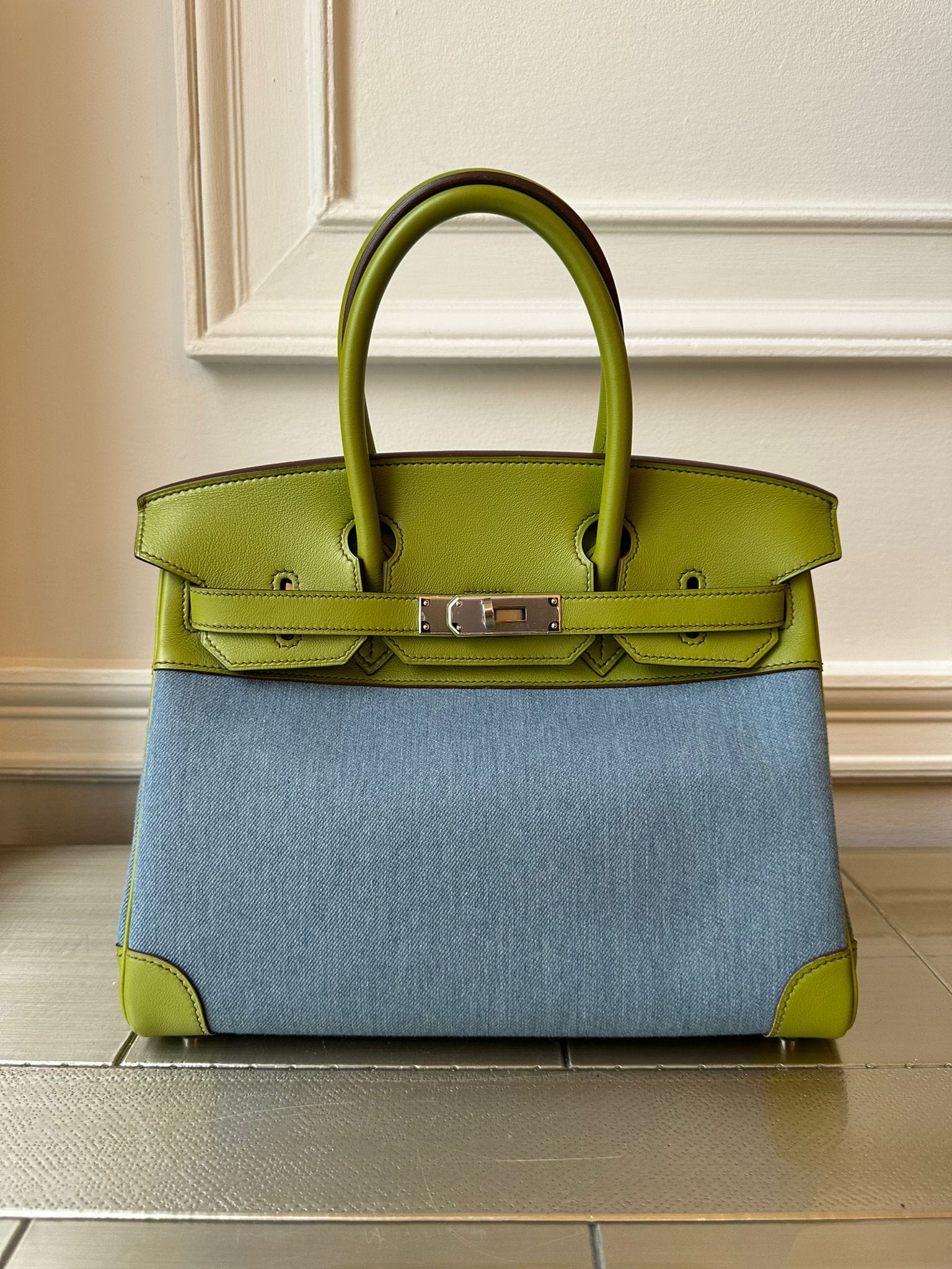 Hermès PRELOVED HERMÈS BIRKIN 30CM VERT ANIS Swift Leather and Denim Toile with Palladium Hardware