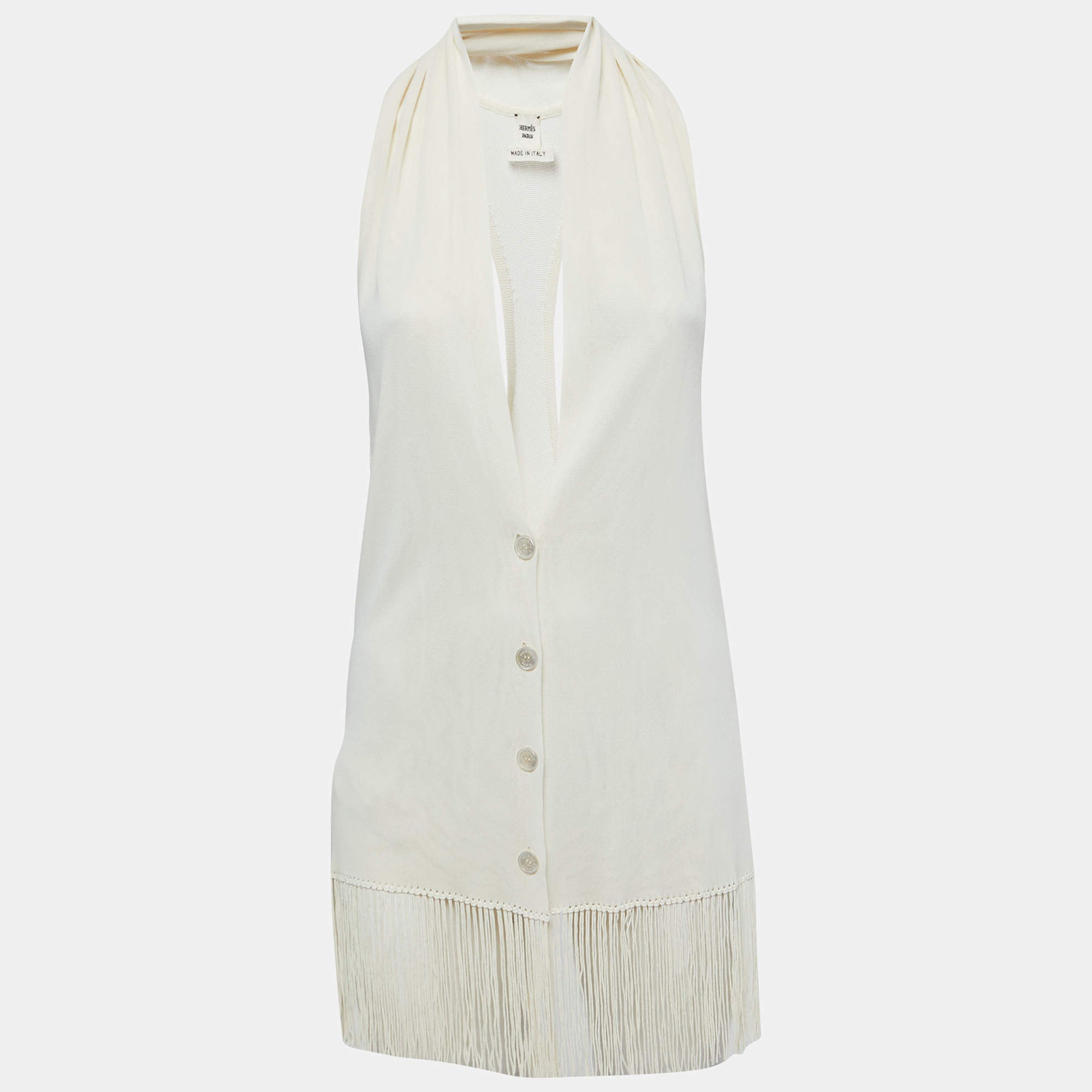 Hermes Cream Knit Button Front Fringed Sleeveless Cardigan S