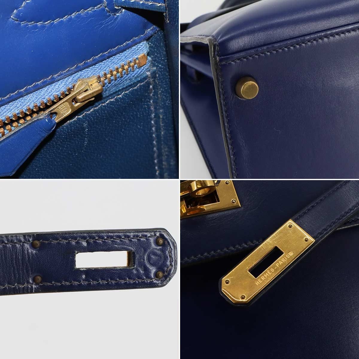 HERMES HERMES Kelly 28 Box Calf Leather Blue Hand Shoulder Bag Vintage 90297509