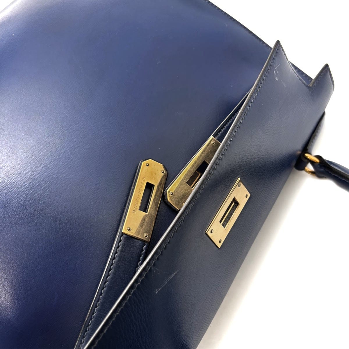 HERMES HERMES Kelly 28 Box Calf Leather Blue Hand Shoulder Bag Vintage 90297509