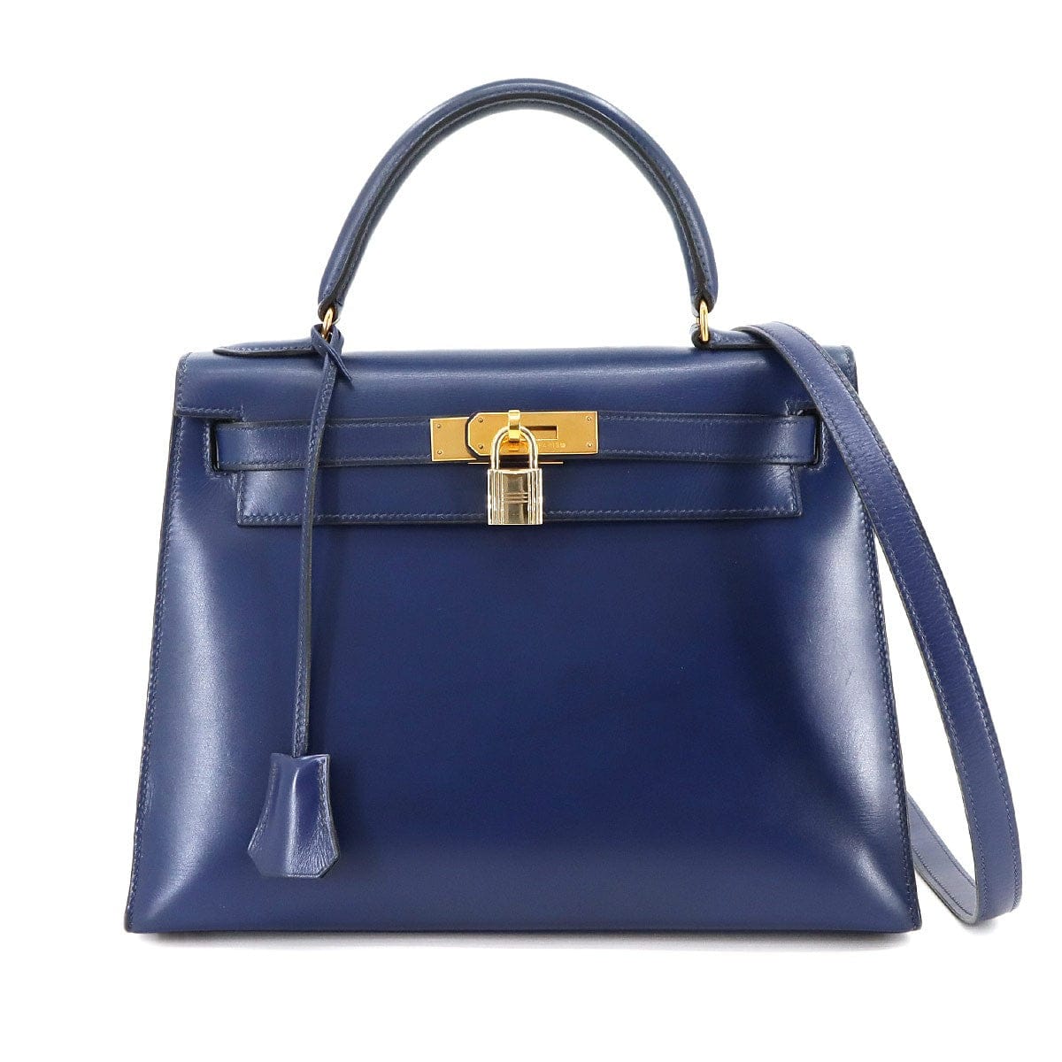 HERMES HERMES Kelly 28 Box Calf Leather Blue Hand Shoulder Bag Vintage 90297509