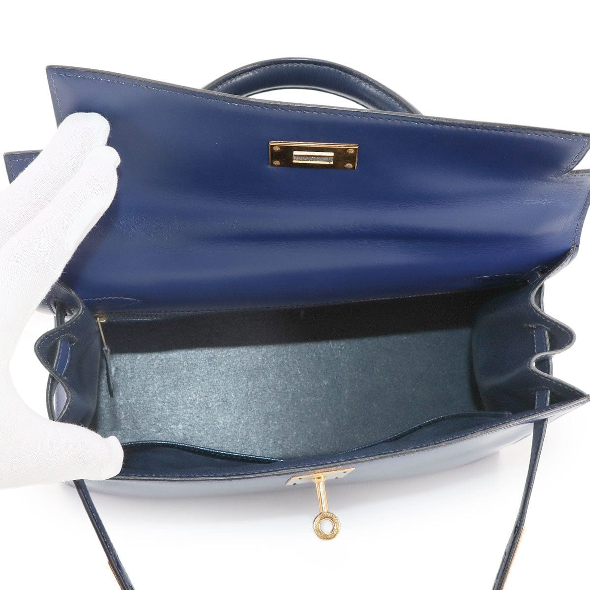 HERMES HERMES Kelly 28 Box Calf Leather Blue Hand Shoulder Bag Vintage 90297509