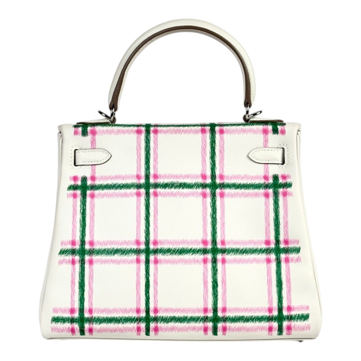 Hermes Hermes Kelly 25 Tartan Light Swift Gris Pale/Bubblegum/Vert Moyen PHW