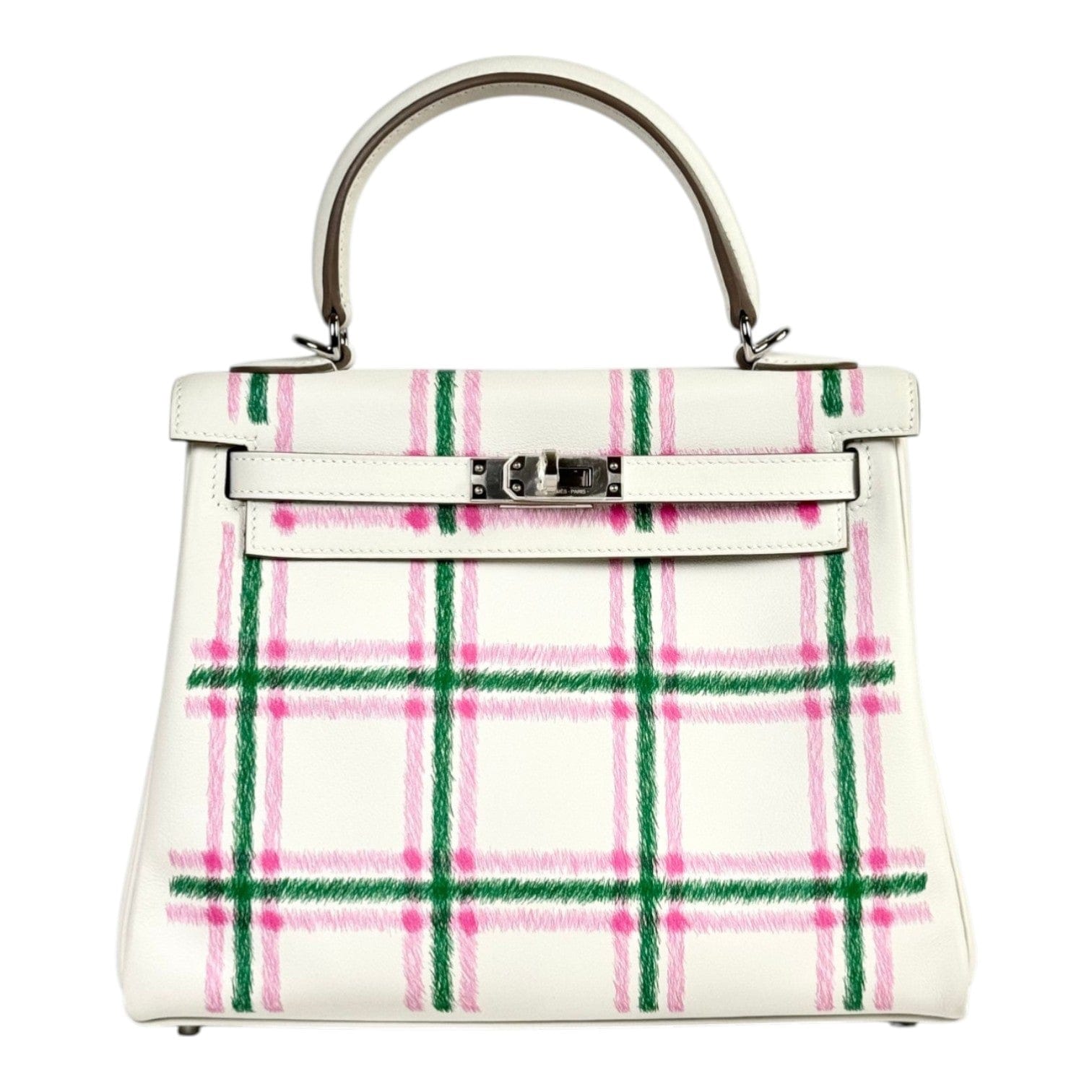 Hermes Hermes Kelly 25 Tartan Light Swift Gris Pale/Bubblegum/Vert Moyen PHW