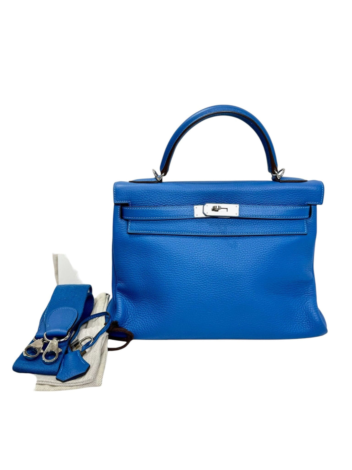 Hermes Kelly 32 Blue with PHW with Canvas Strap