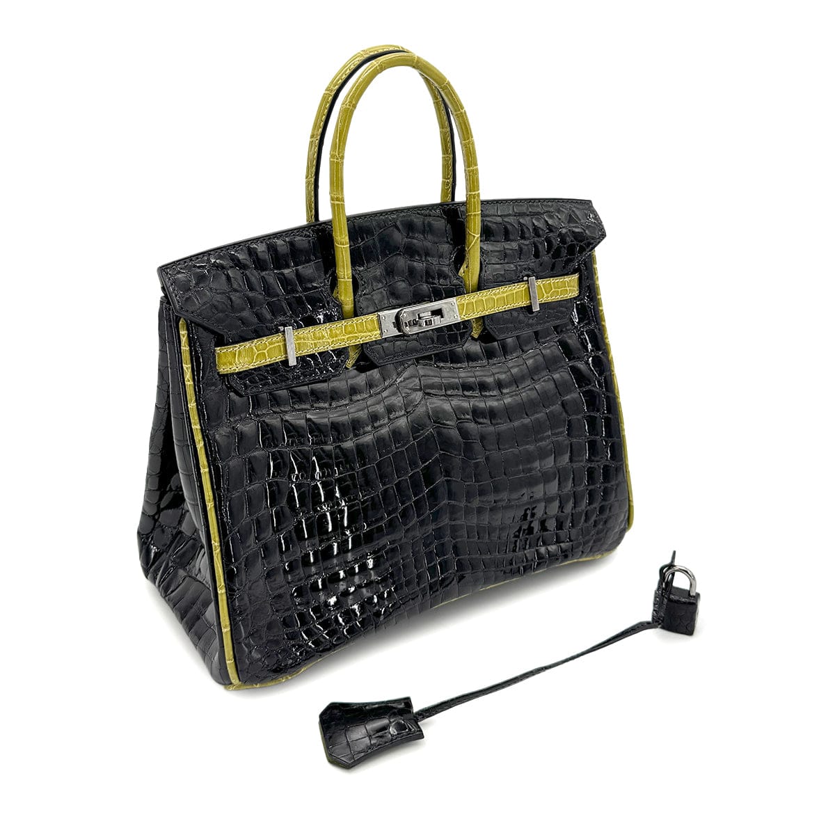 hermes HERMES BIRKIN 25 BLACK CHARTREUSE CROCODILE NILOTICUS LISSE HAND BAG □H SHW 90267754