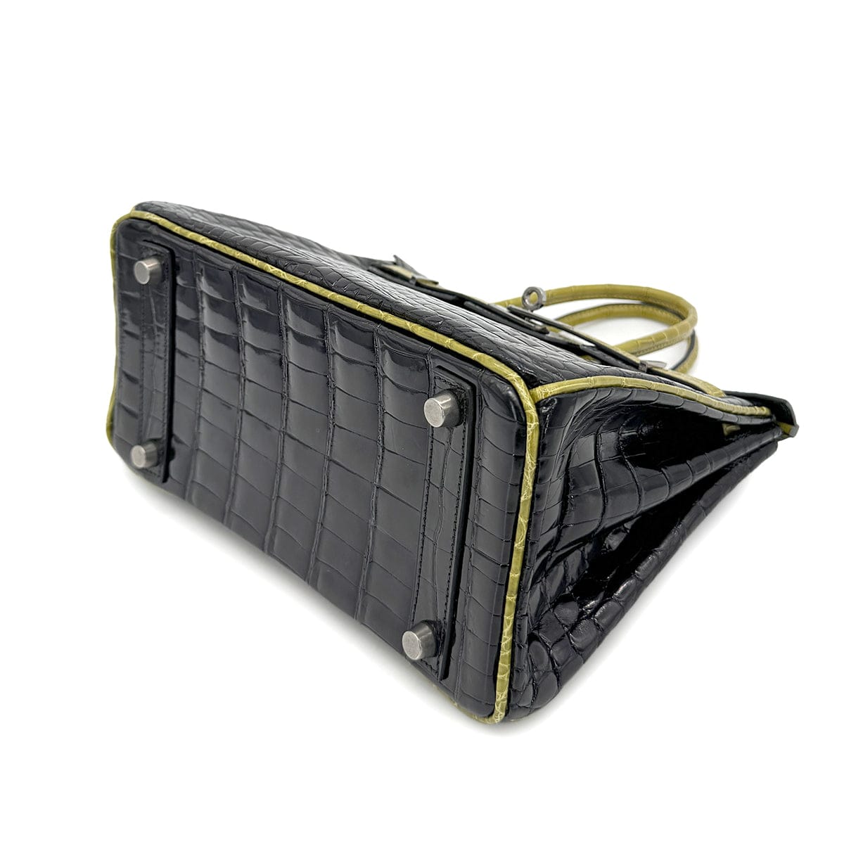 hermes HERMES BIRKIN 25 BLACK CHARTREUSE CROCODILE NILOTICUS LISSE HAND BAG □H SHW 90267754