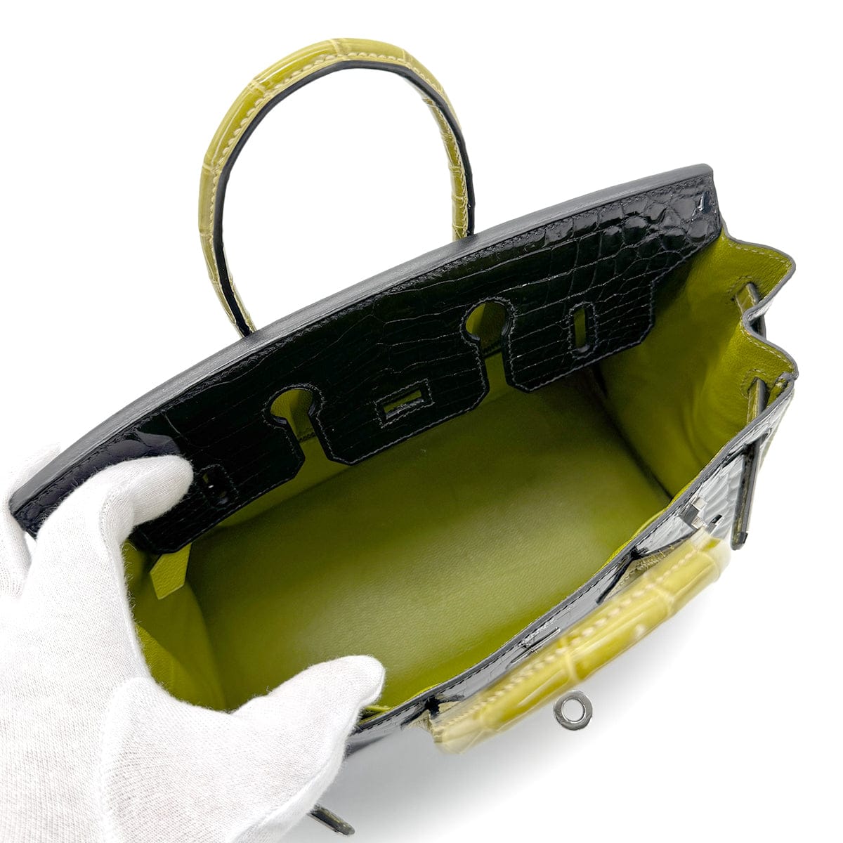 hermes HERMES BIRKIN 25 BLACK CHARTREUSE CROCODILE NILOTICUS LISSE HAND BAG □H SHW 90267754