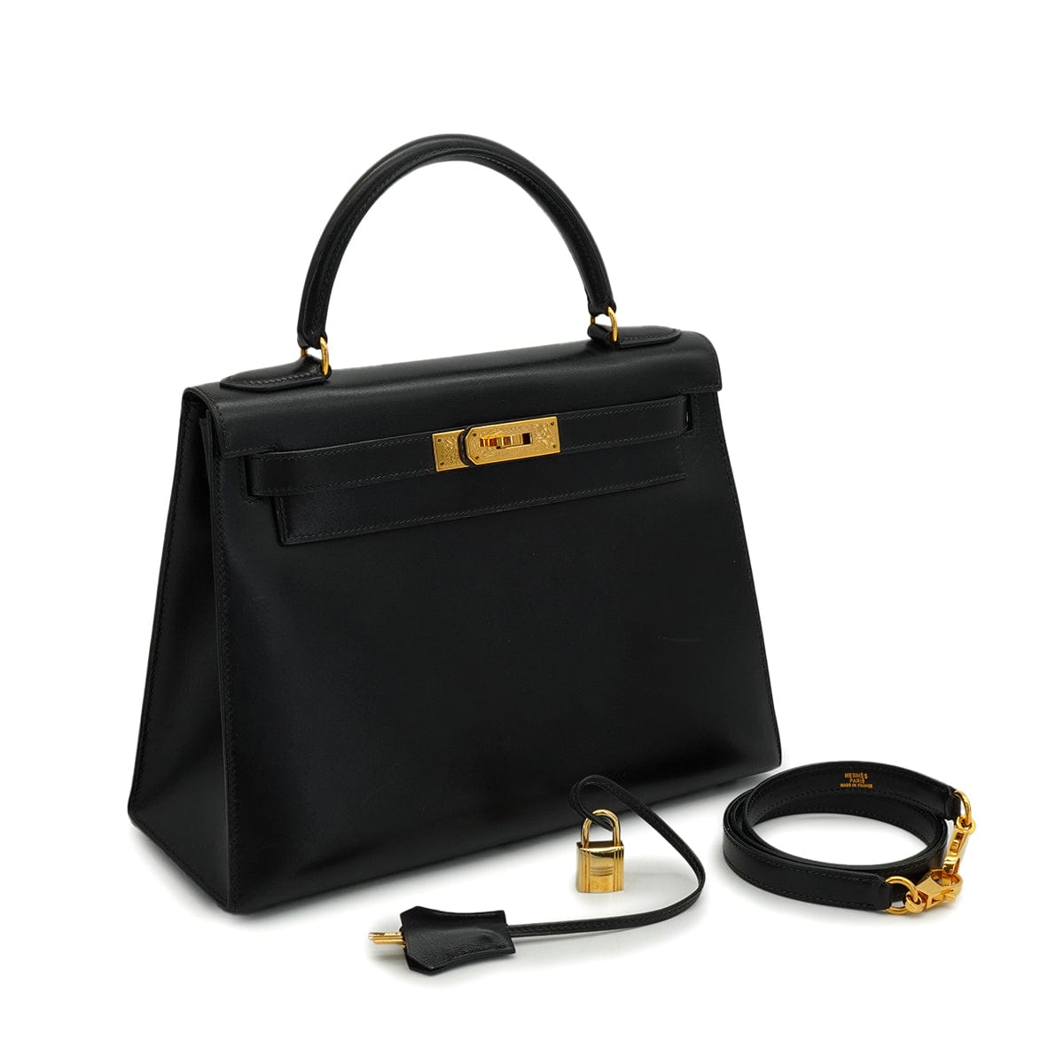 HERMES HERMES KELLY 28 SELLIER BLACK BOX CALF HAND SHOULDER BAG 1991 CIRCLE U GOLD HARDWARE 90346863