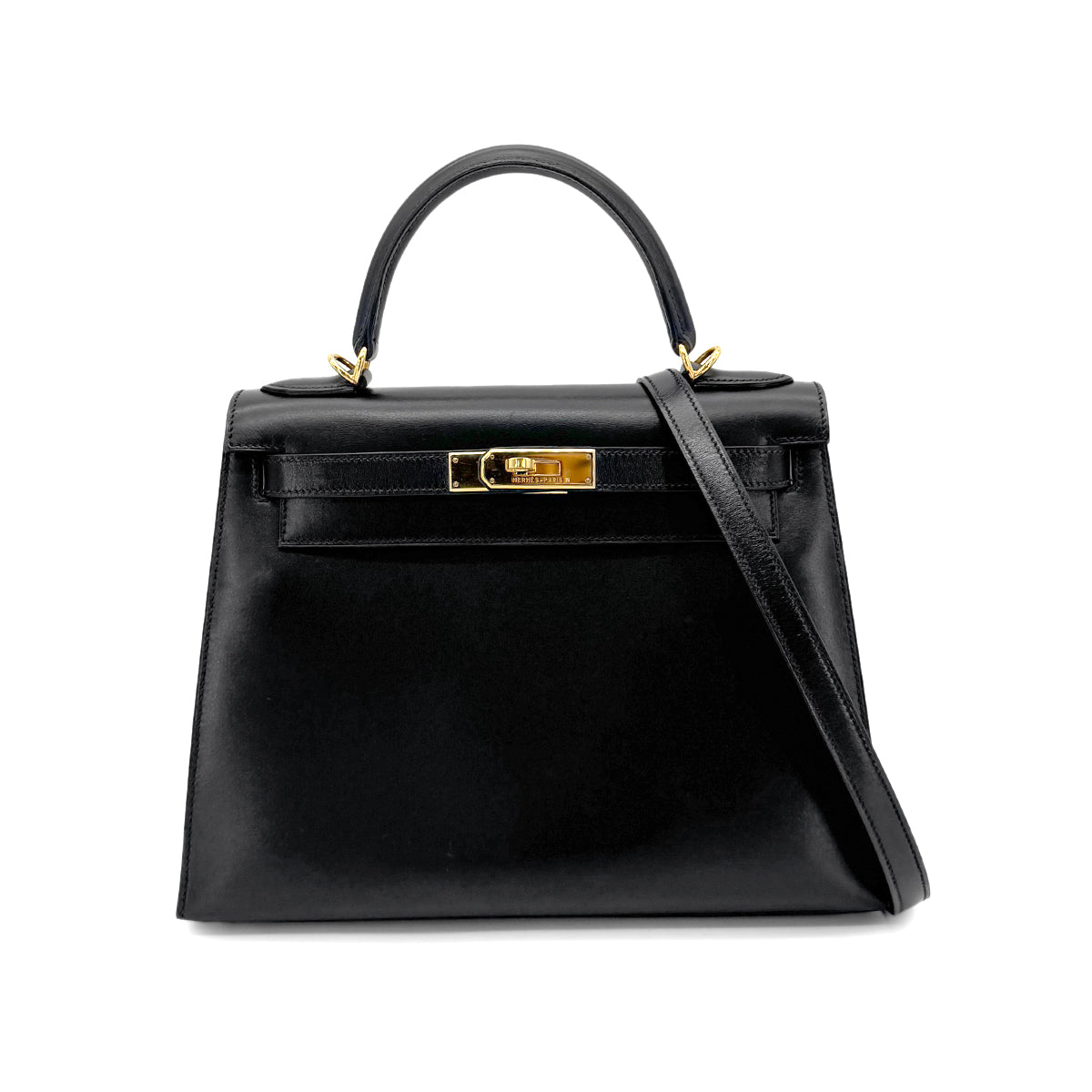 Hermes HERMES KELLY 28 SELLIER BLACK BOXCALF HAND SHOULDER BAG □D GHW 90273890