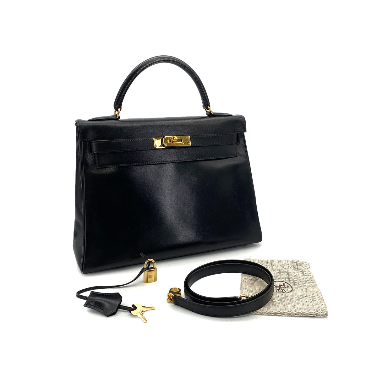 HERMES HERMES KELLY 32 RETOURNE BLACK BOXCALF HAND SHOULDER BAG 1993 CIRCLE W GOLD HARDWARE 90308965