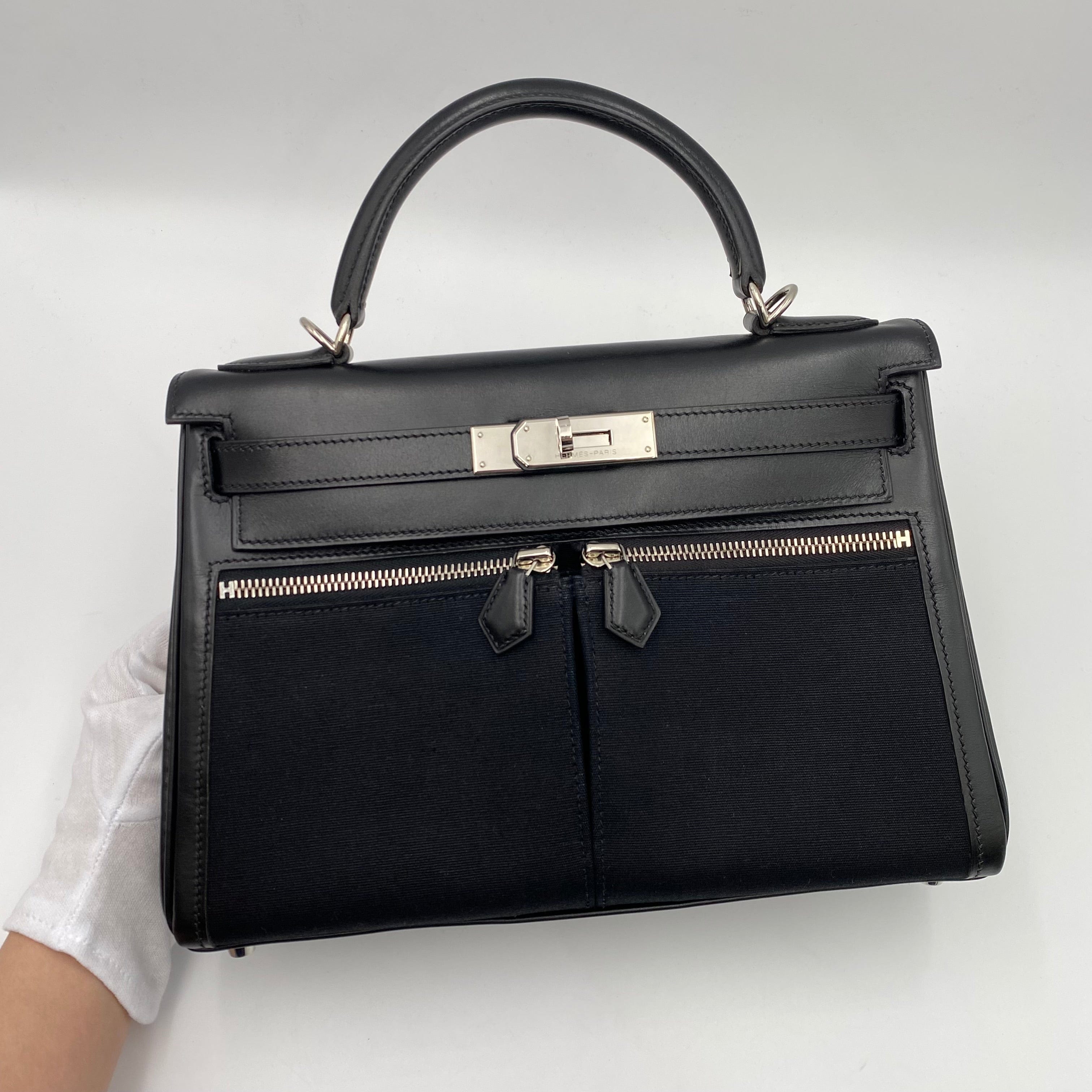 Hermès HERMES KELLY LAKIS 28 BLACK BOXCALF TOILE OFFICIER HAND SHOULDER BAG □J SHW 90224703