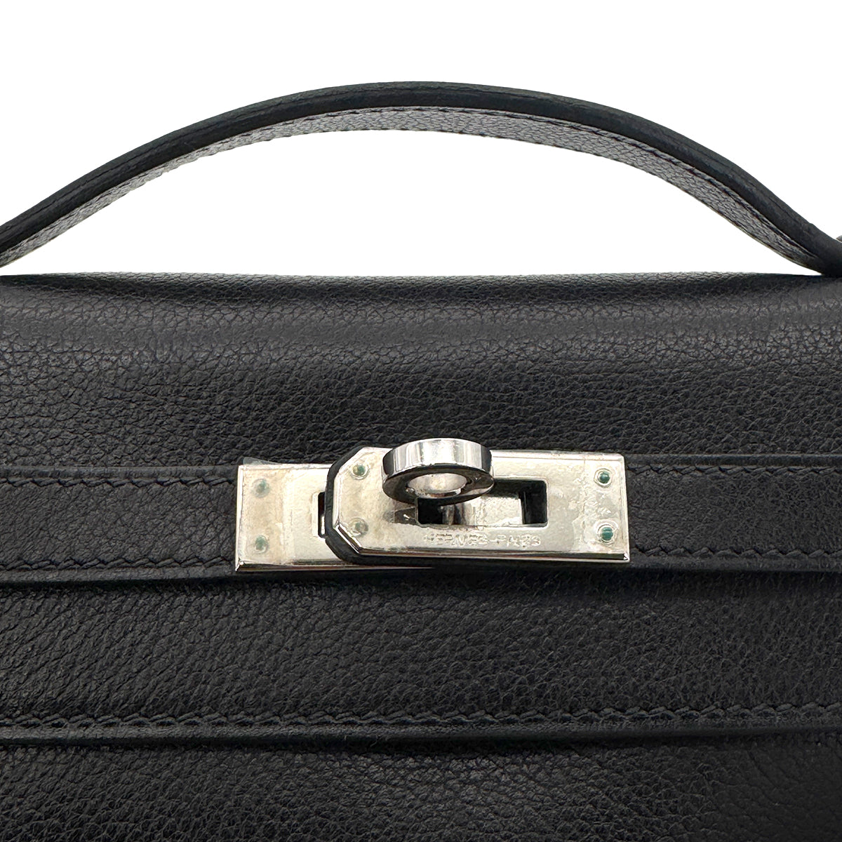 Hermès HERMES KELLY POCHETTE SELLIER BLACK EVERGRAIN HAND BAG □H PALLADIUM HARDWARE 90267766