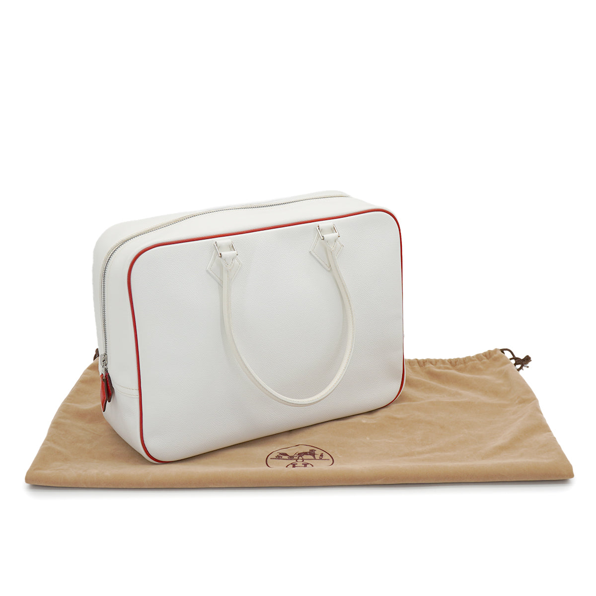 HERMES HERMES PLUME 32 WHITE ROUGE GARANCE VEAU EPSOM HAND BAG 2004 SQUARE H PALLADIUM HARDWARE 90326671