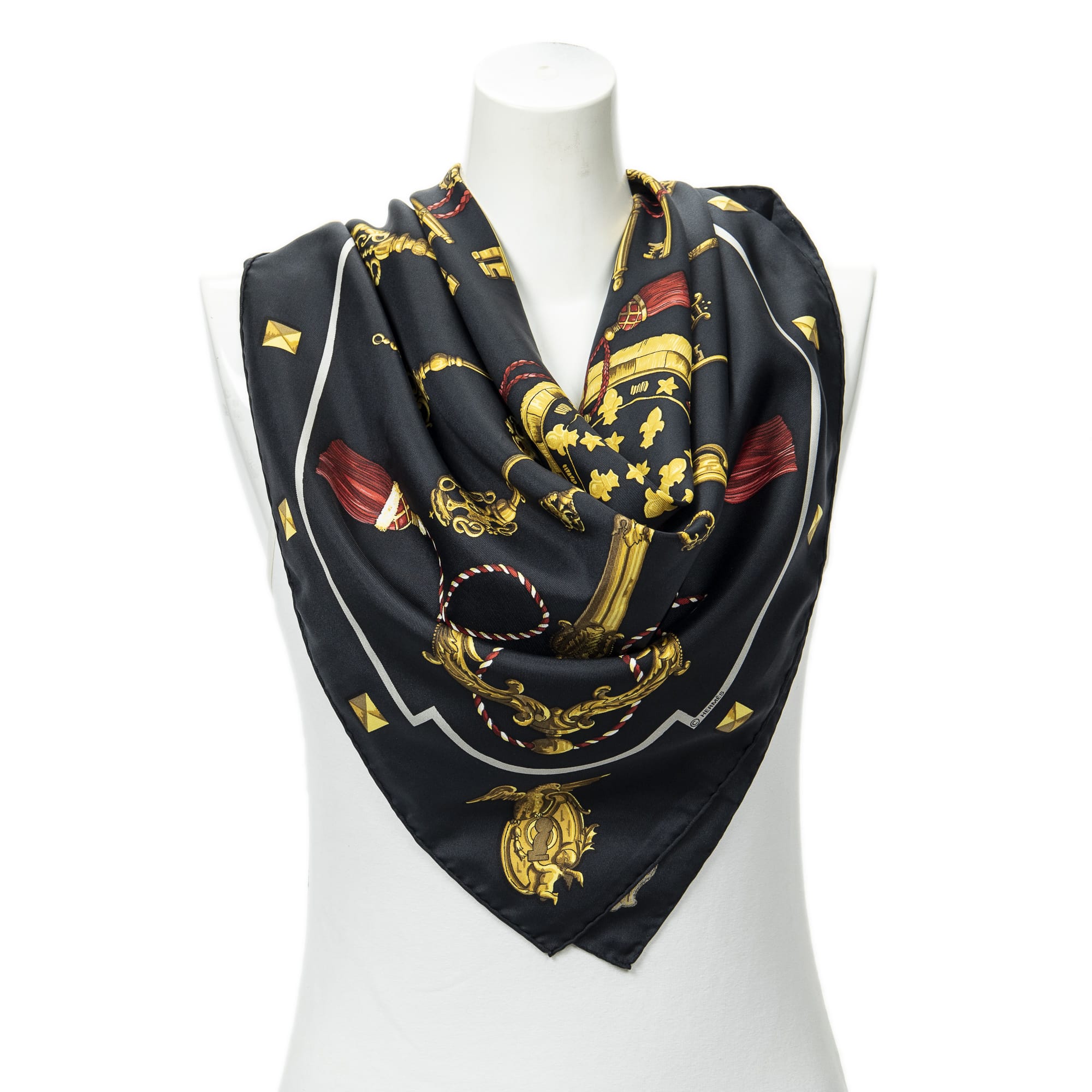 Hermès Hermès Black/Red/Gold Silk Scarf ABC2321