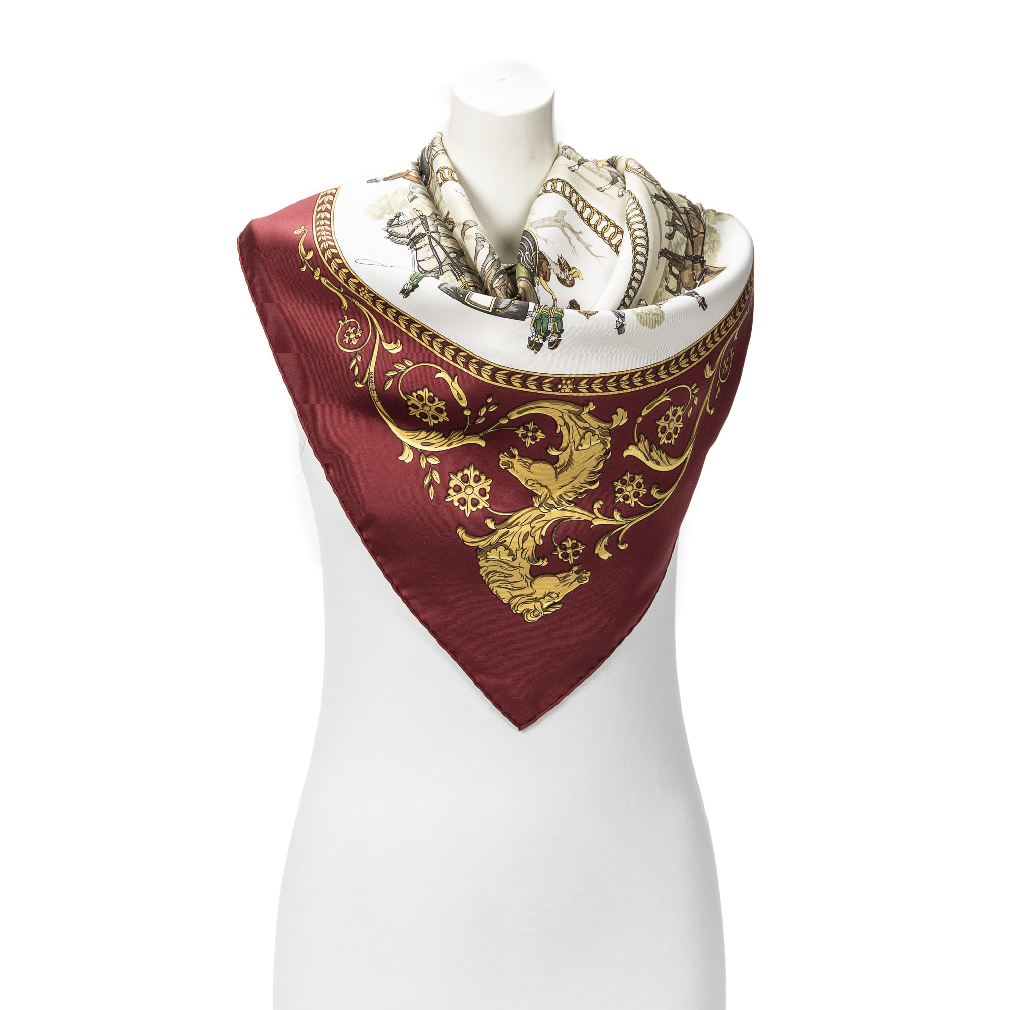 Hermès Hermès Burgundy/Ivory/Green Silk Scarf ABB9580